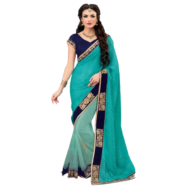 Elegantly Dressed Woman in Teal Saree with Decorative Border