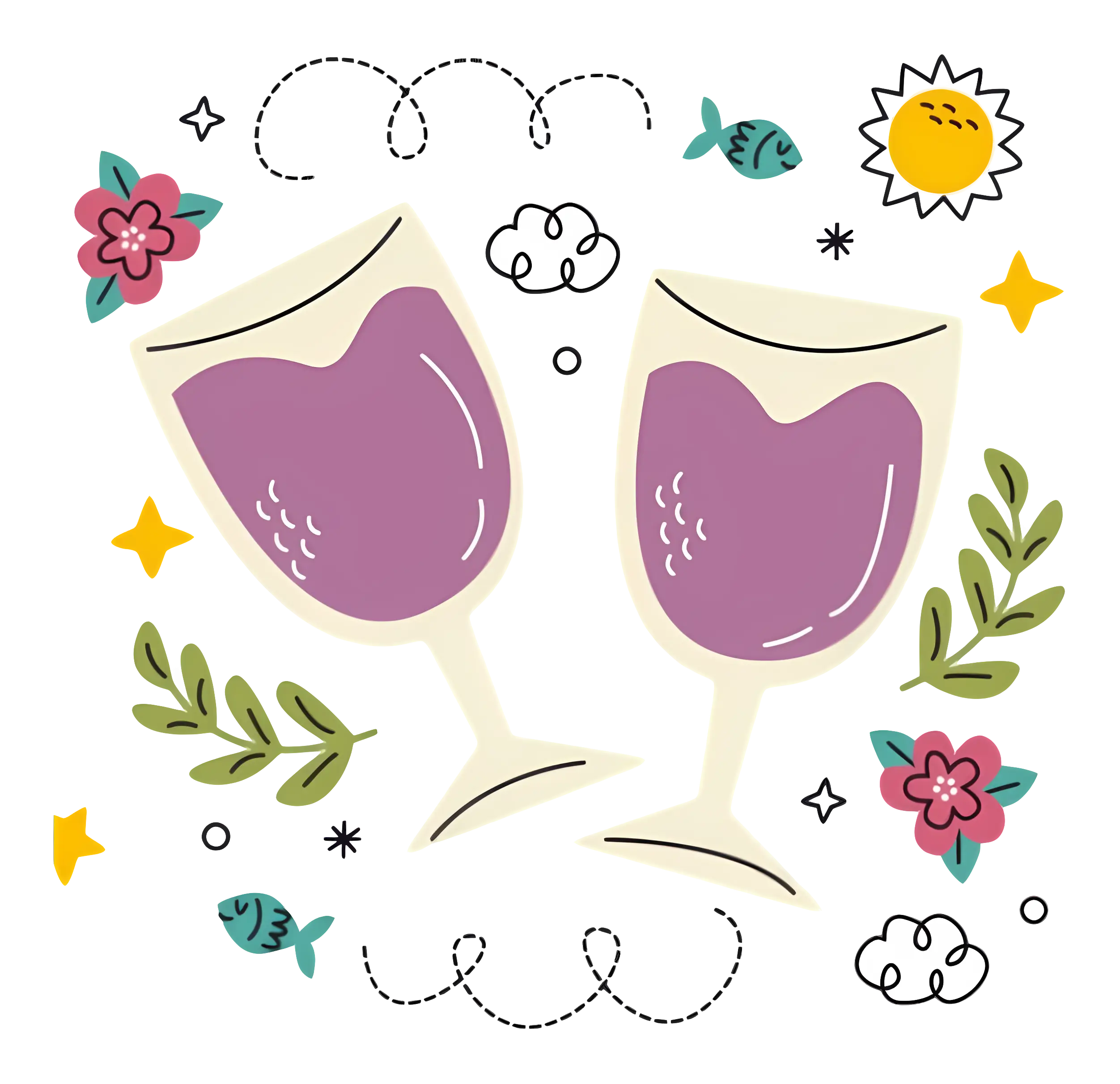 Wine Glasses with Flowers and Celebration Elements