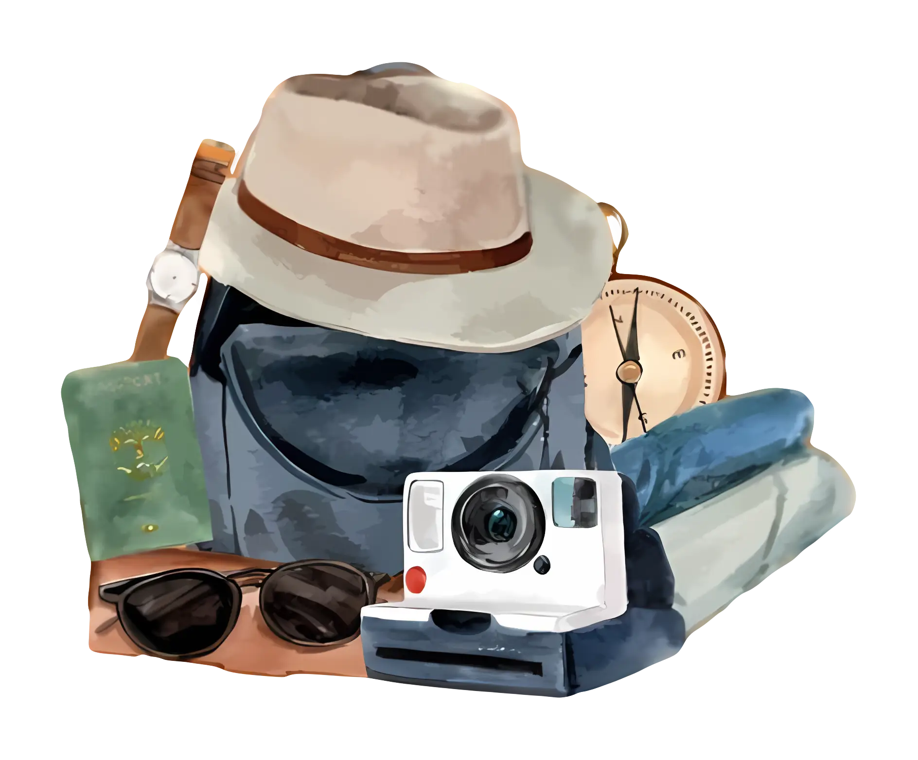 Travel Essentials with Hat and Camera