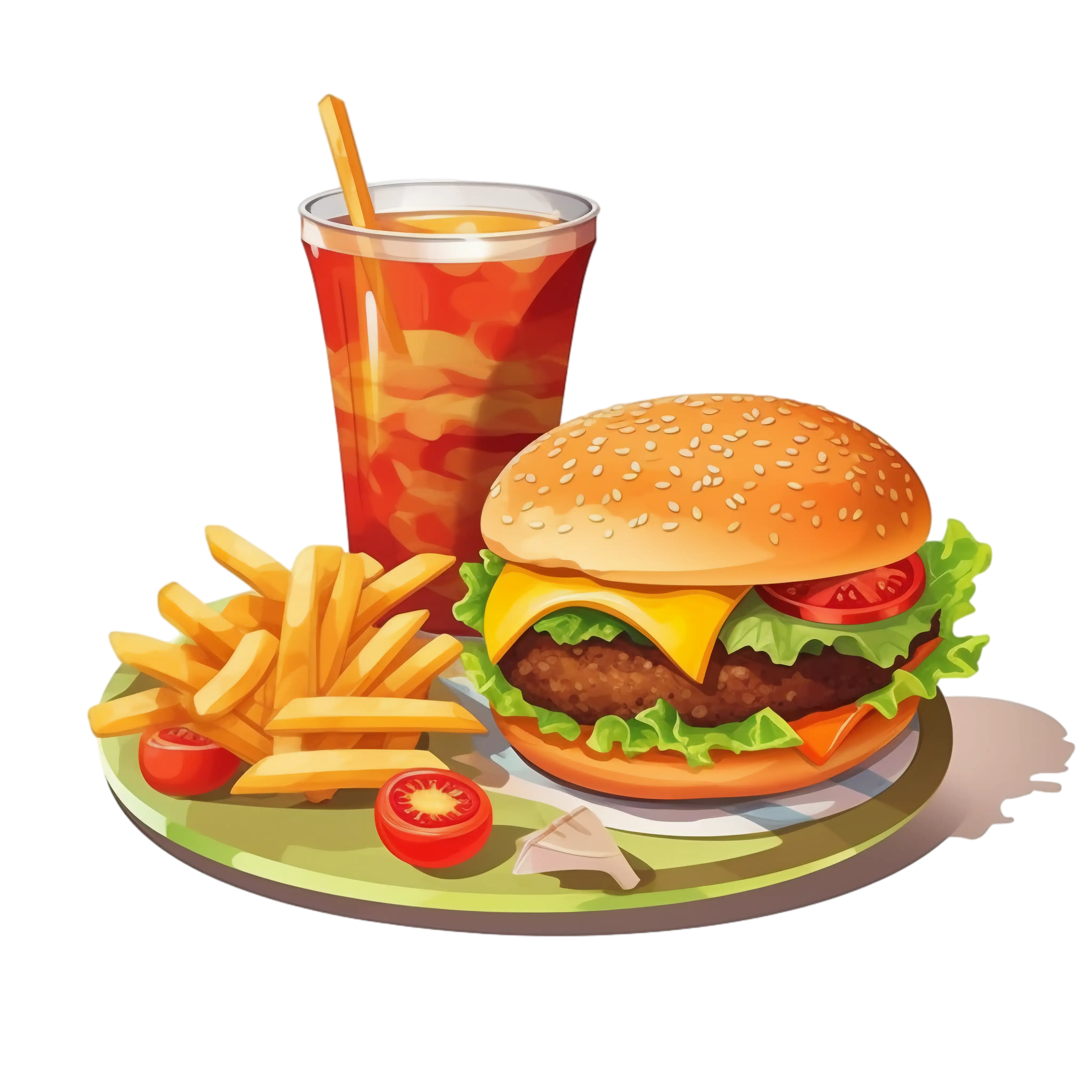 Burger Meal with French Fries and Iced Tea