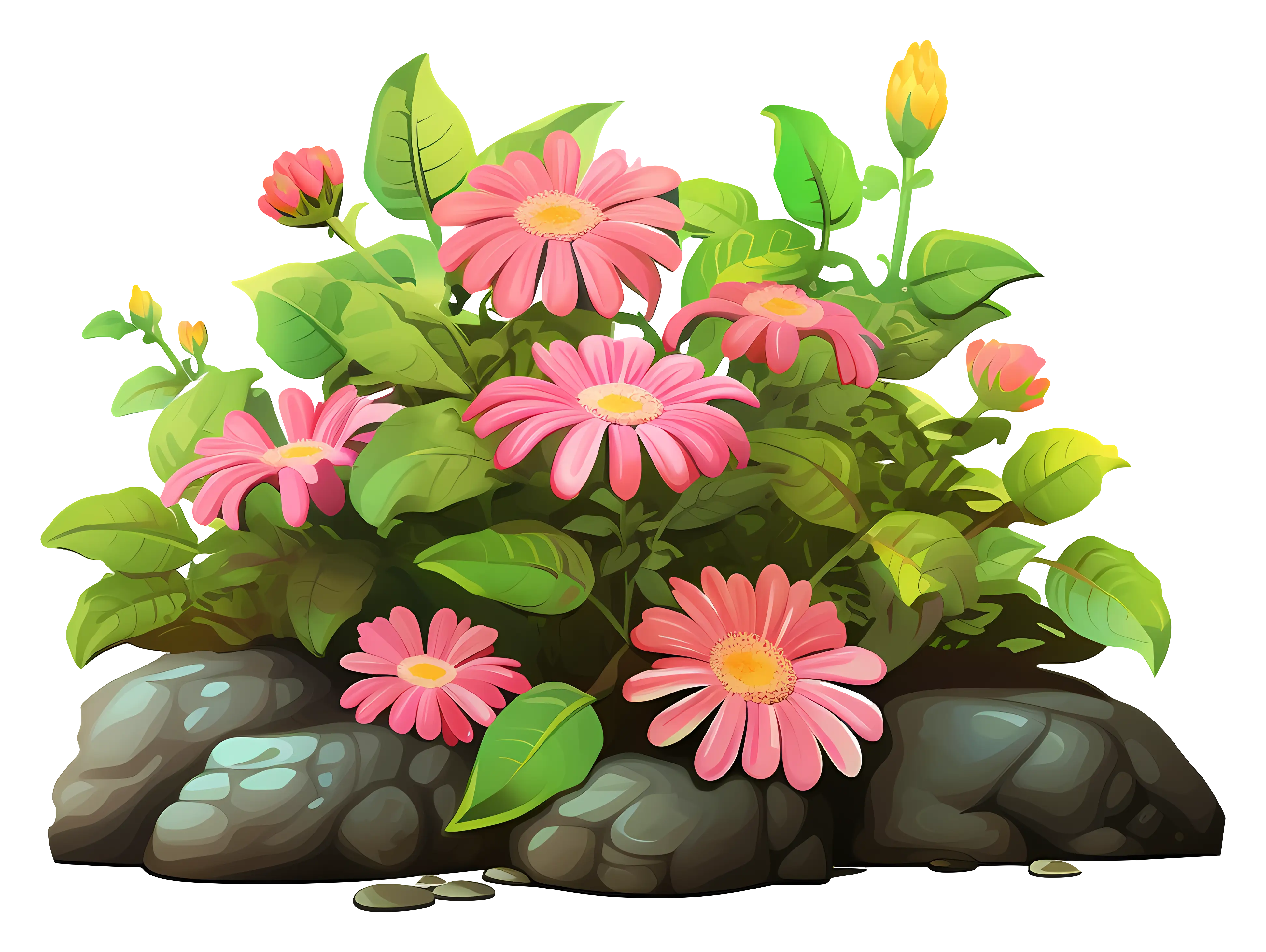 Pink Flowers on Bush with Rocks
