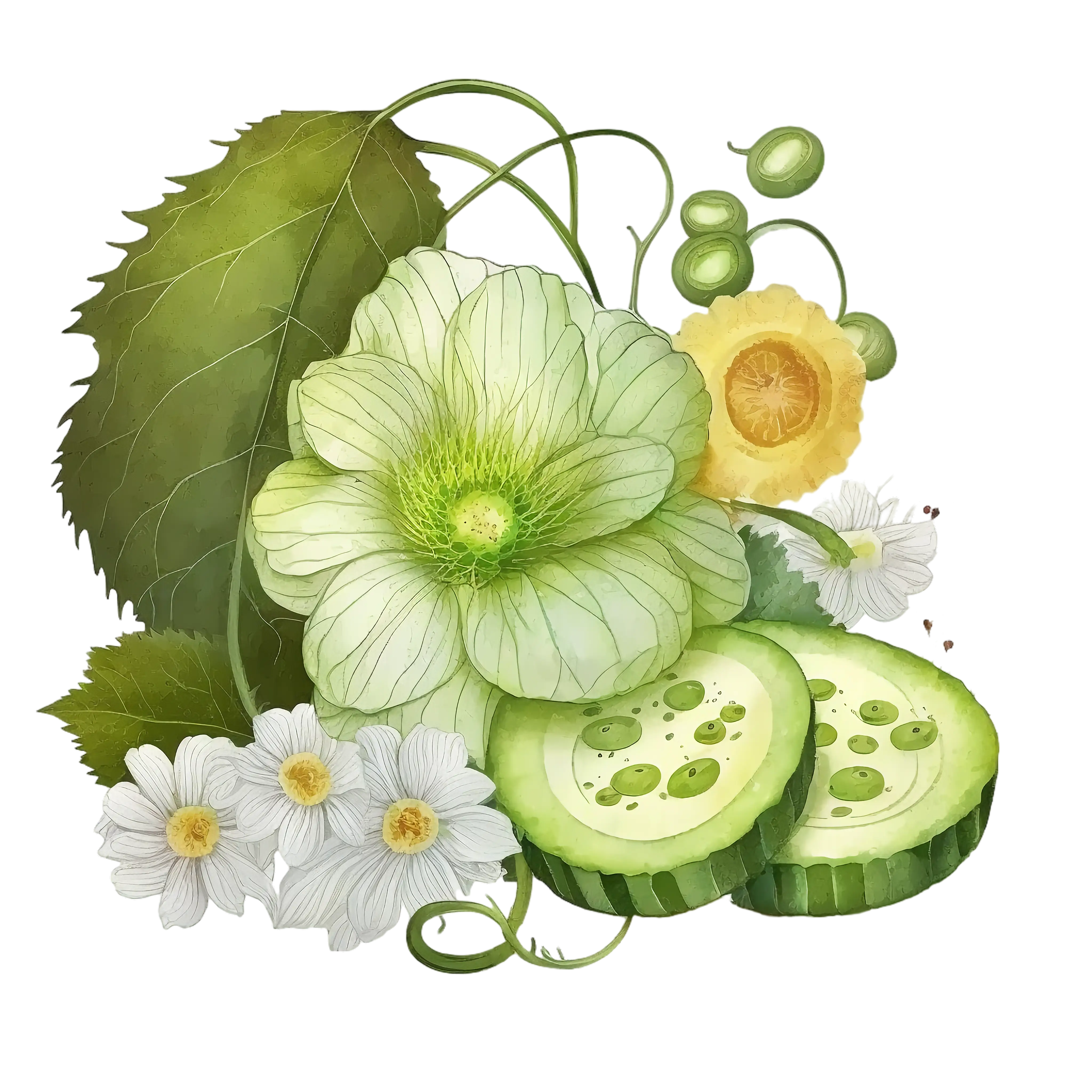 Cucumber and Floral Botanical Illustration