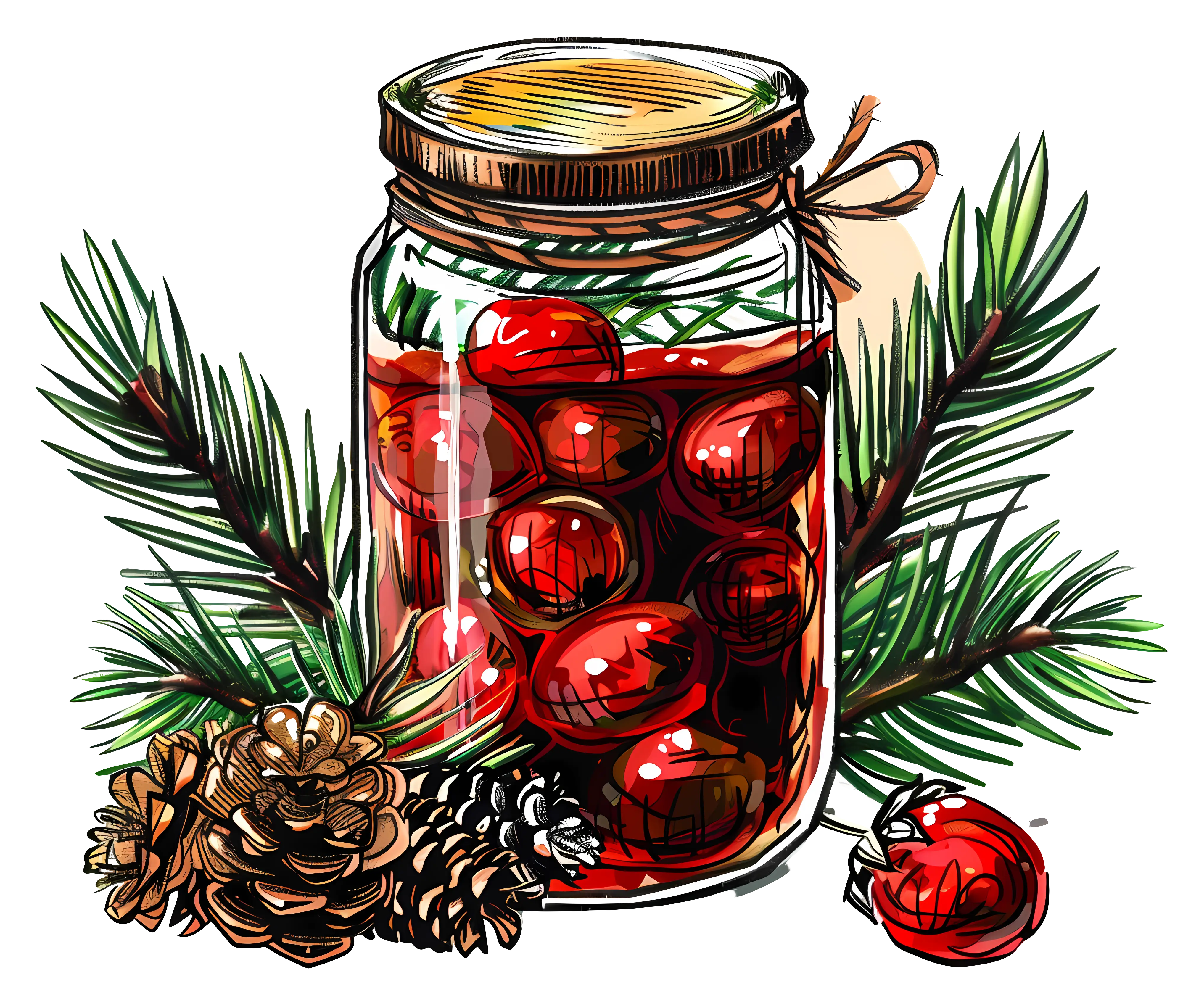 Jar of Berries with Pinecones