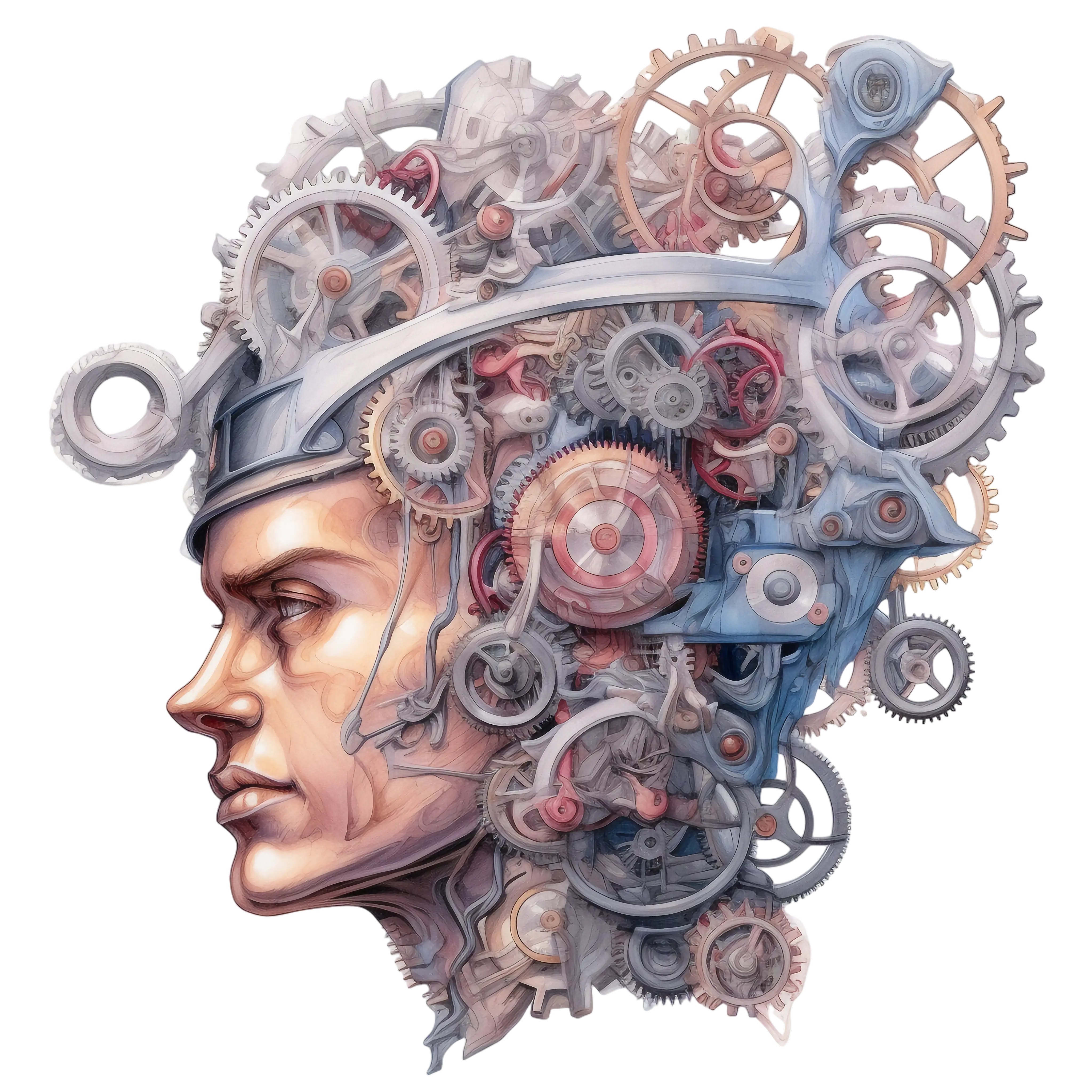 Mechanical Human Head with Gears and Steampunk Aesthetics