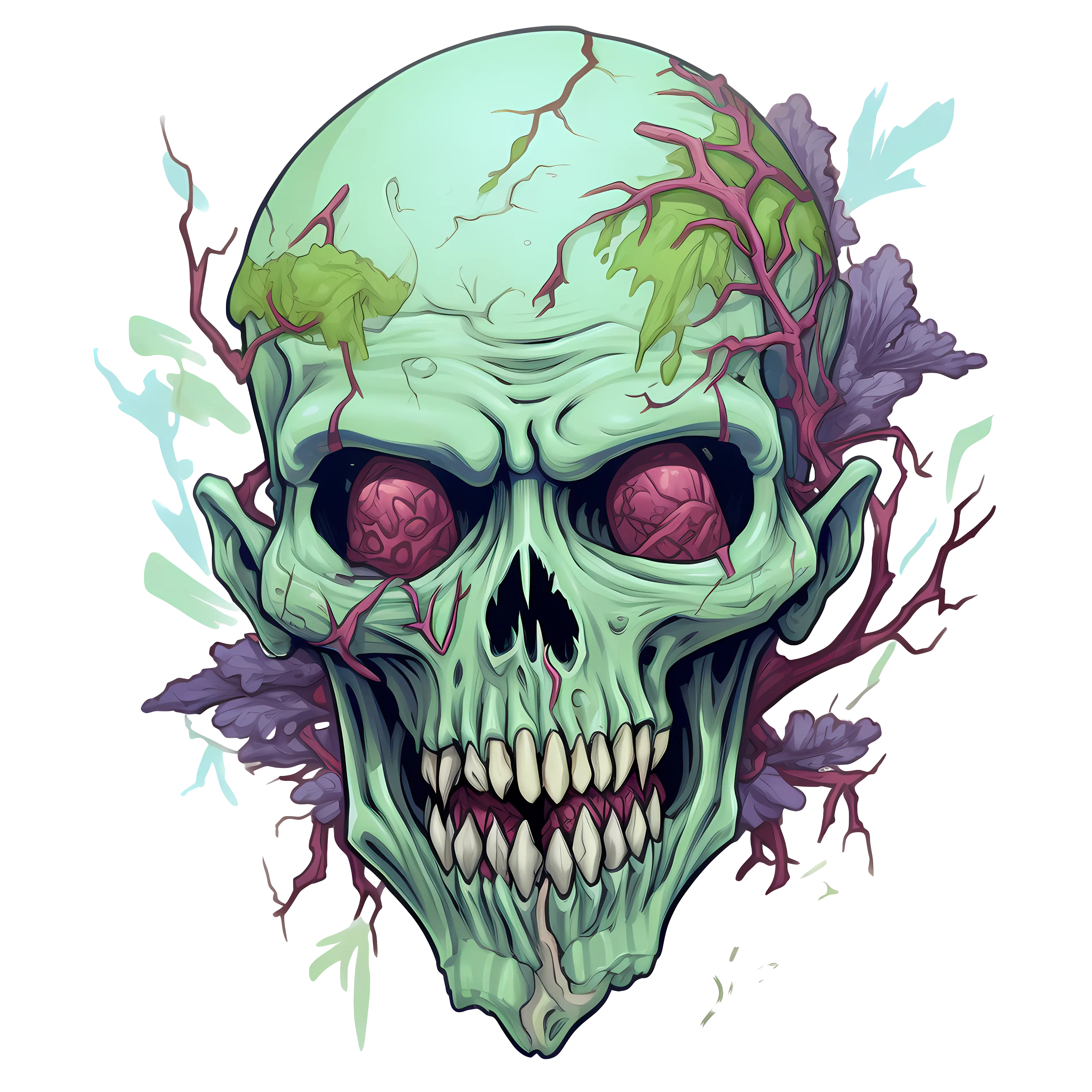 Spooky Green Skull with Veins and Branches Illustration
