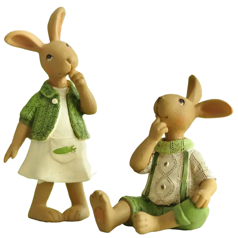 Rabbit Figurines in Green Clothes