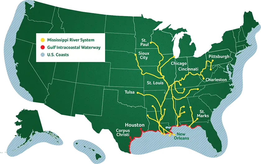 Map of Mississippi River System and Waterways