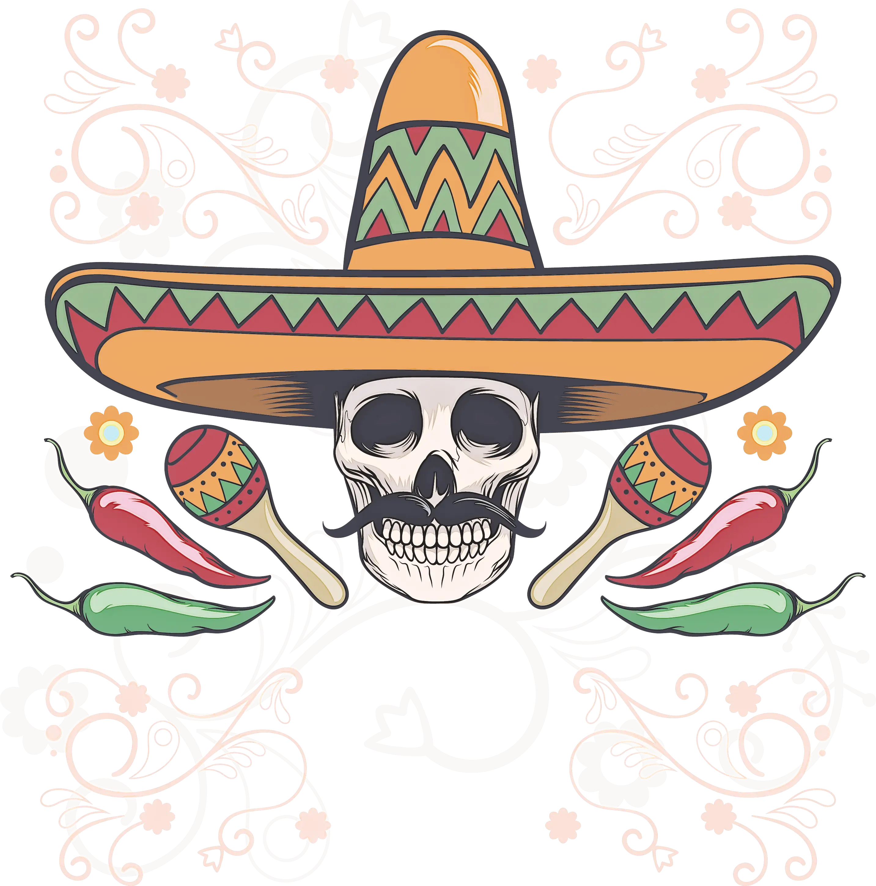 Skull with Sombrero and Maracas Illustration