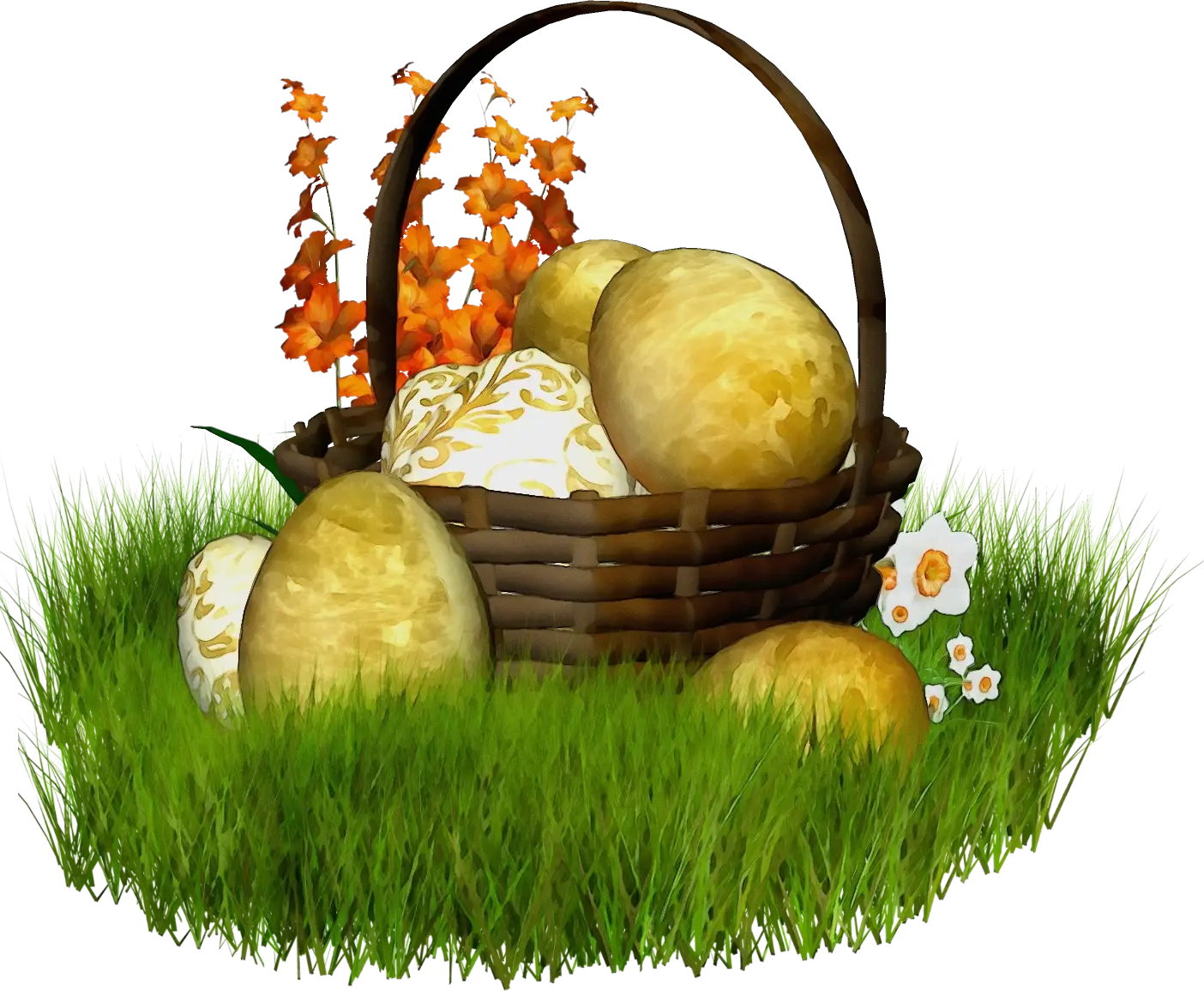 Easter Basket with Golden Eggs on Grass