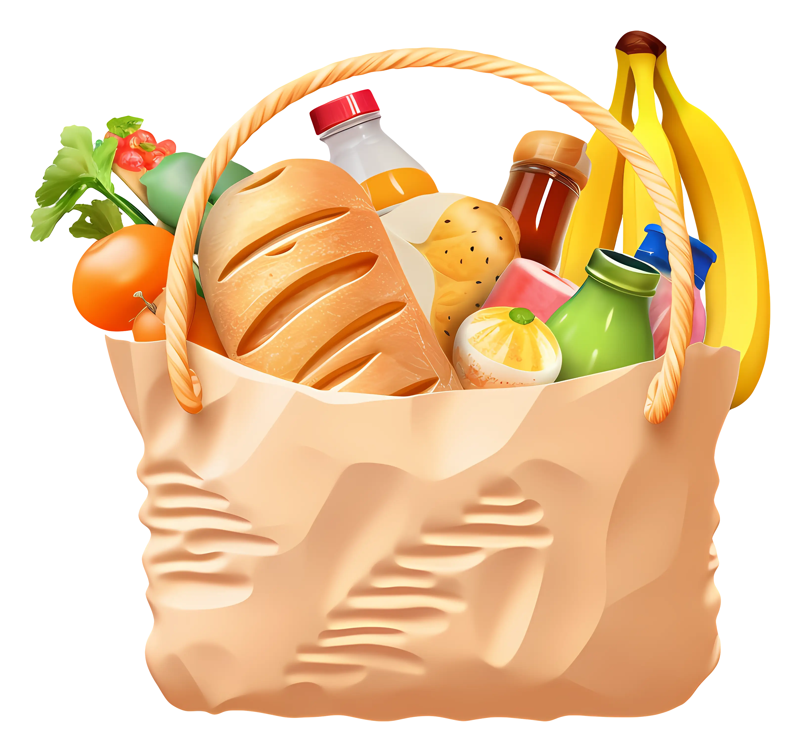 Grocery Basket with Bread and Fruits