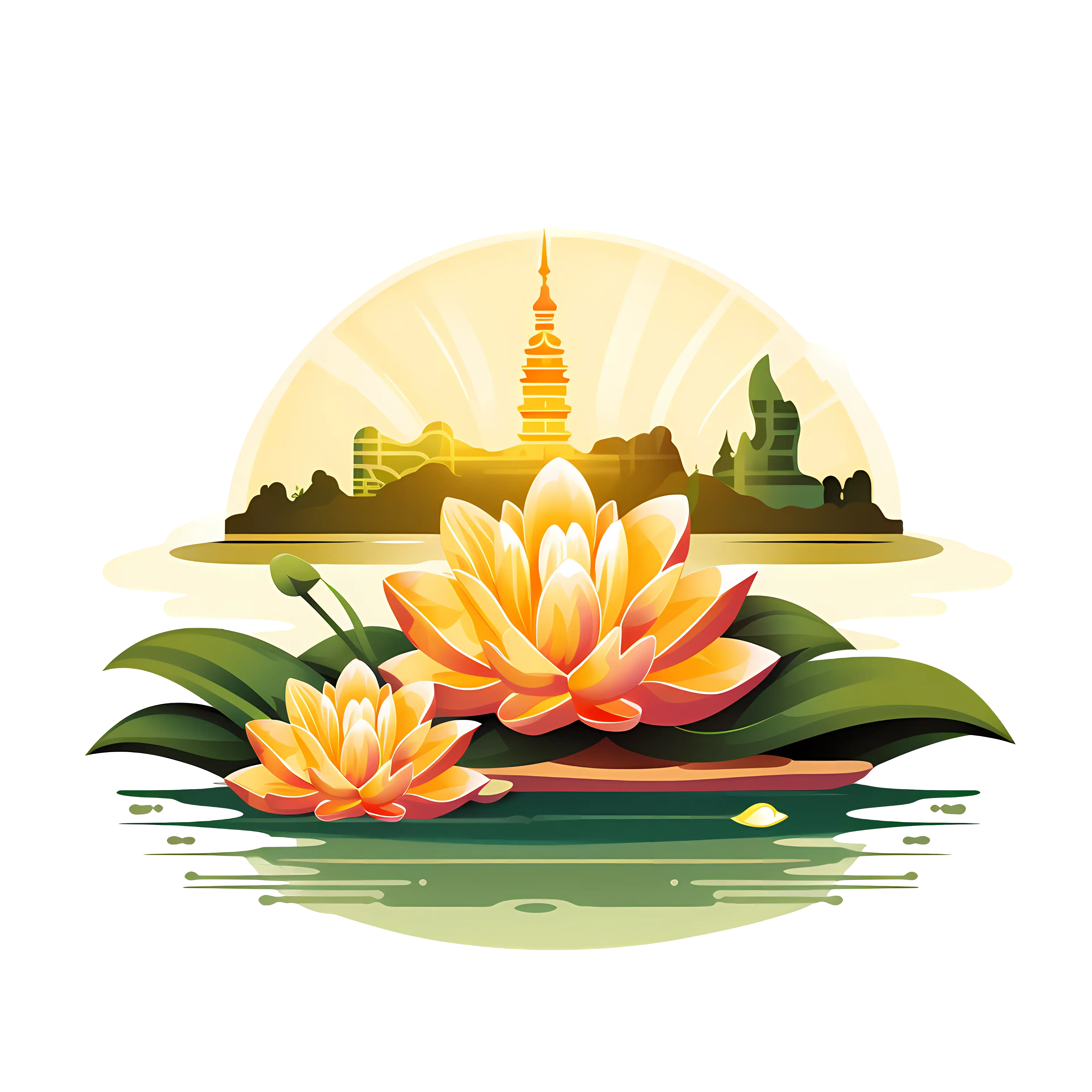 Peaceful Lotus and Temple at Sunrise