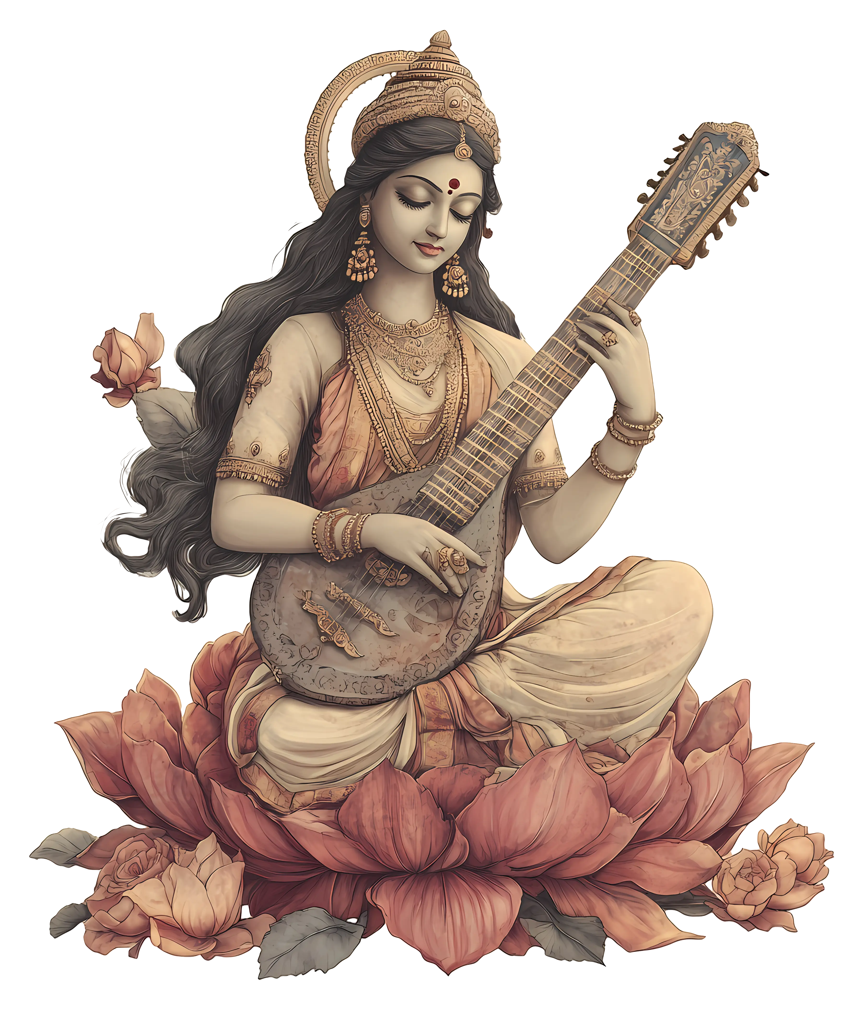 Goddess Playing Sitar with Lotus