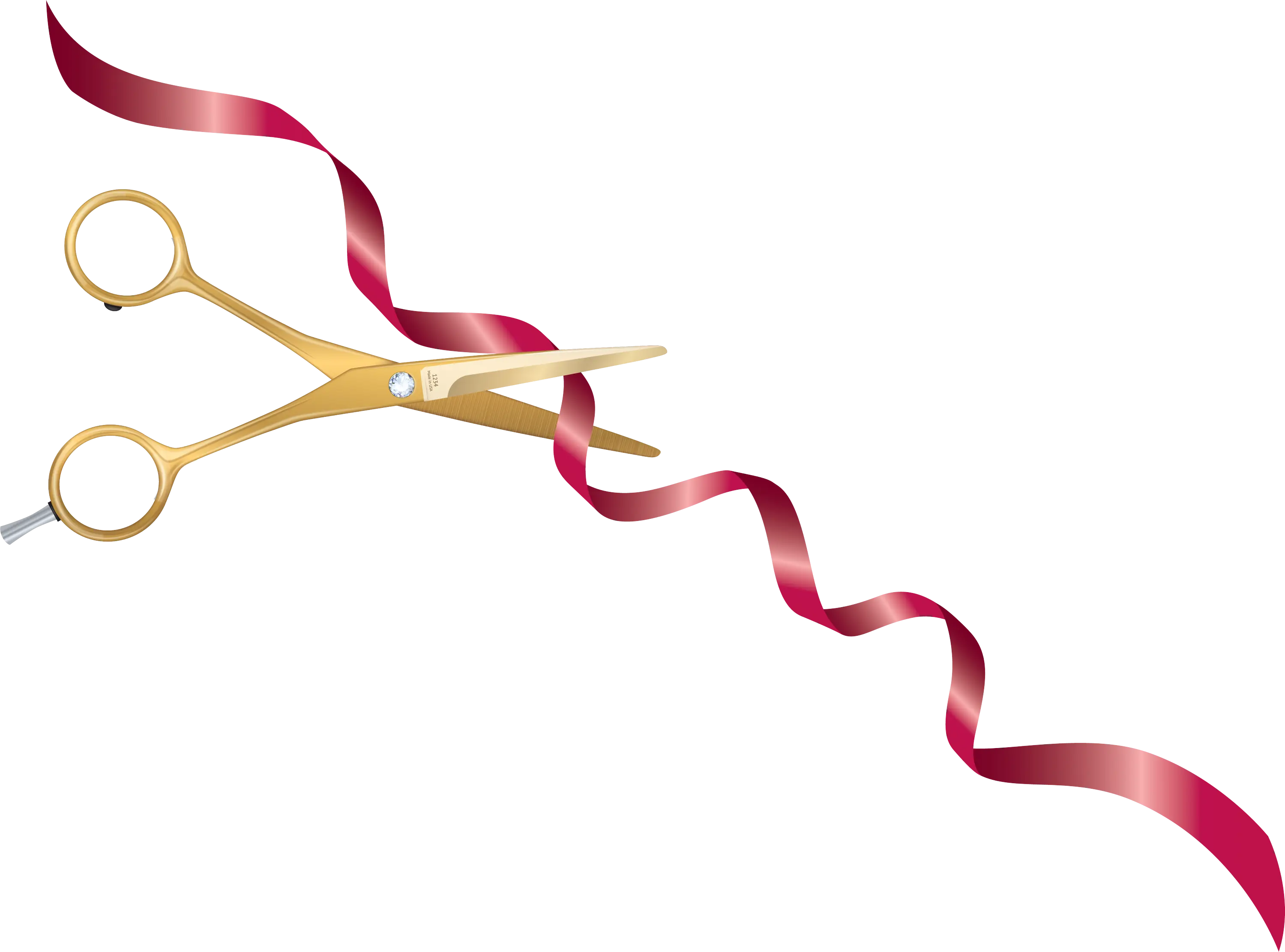 Gold Scissors Cutting Red Ribbon for Ceremonial Event