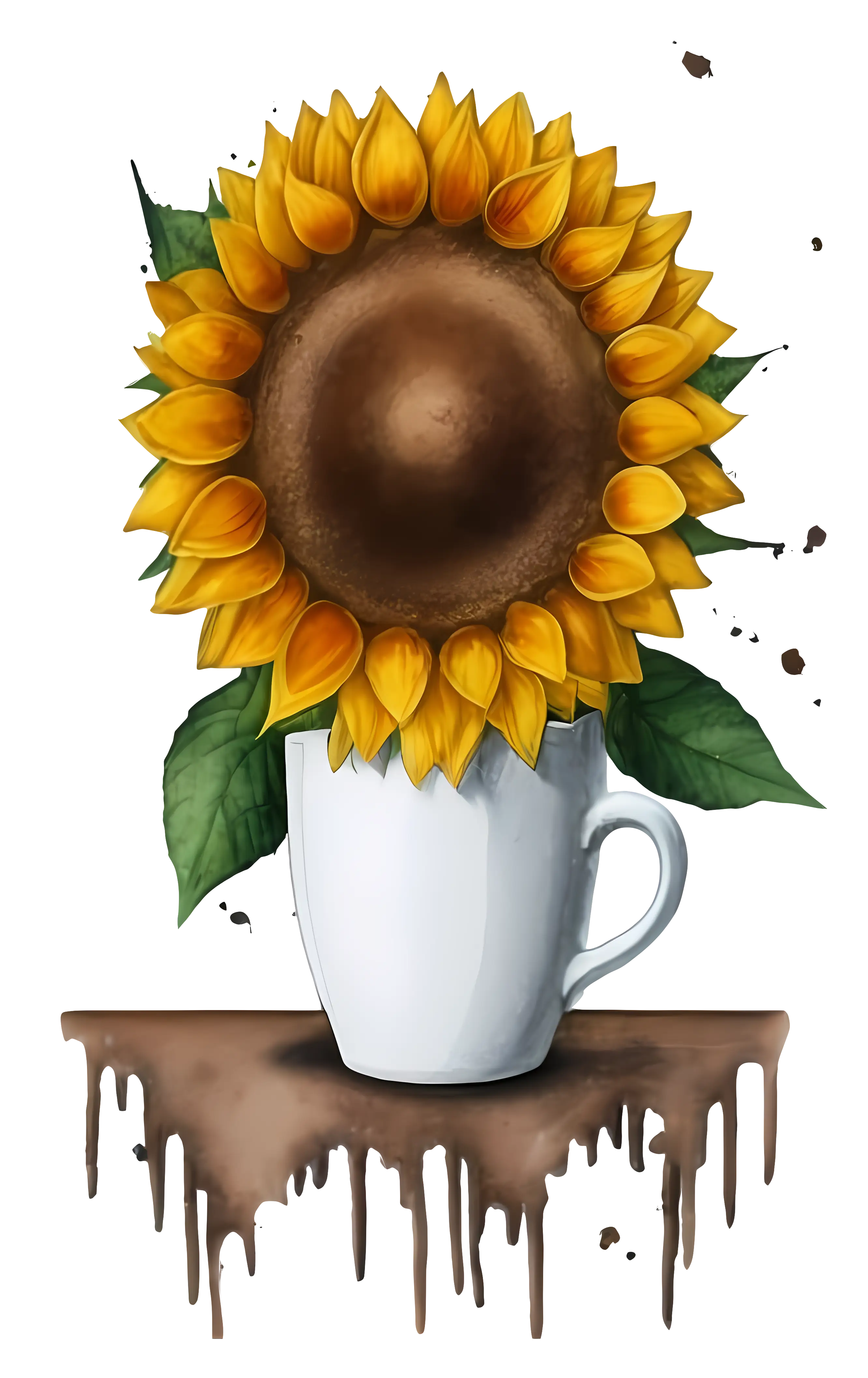 Sunflower in a White Cup with Dripping Coffee