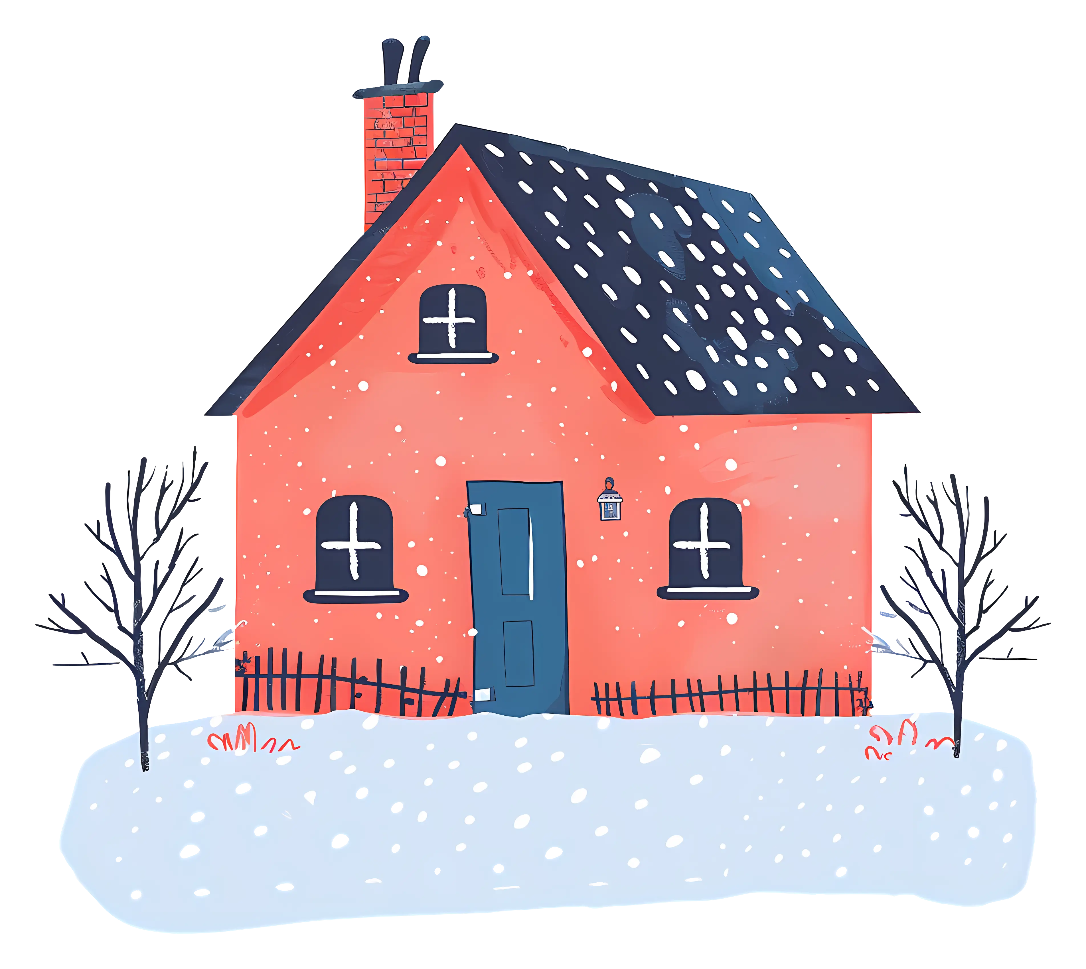 Small red house in winter snow