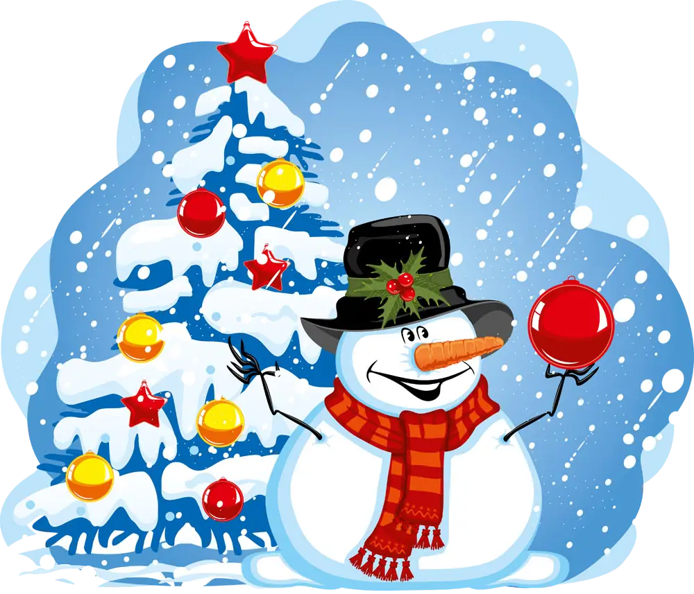Snowman with Decorated Christmas Tree