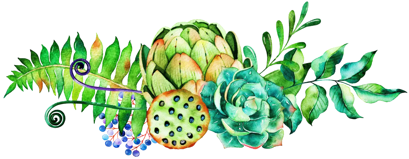 Botanical Watercolor Arrangement with Leaves and Flowers