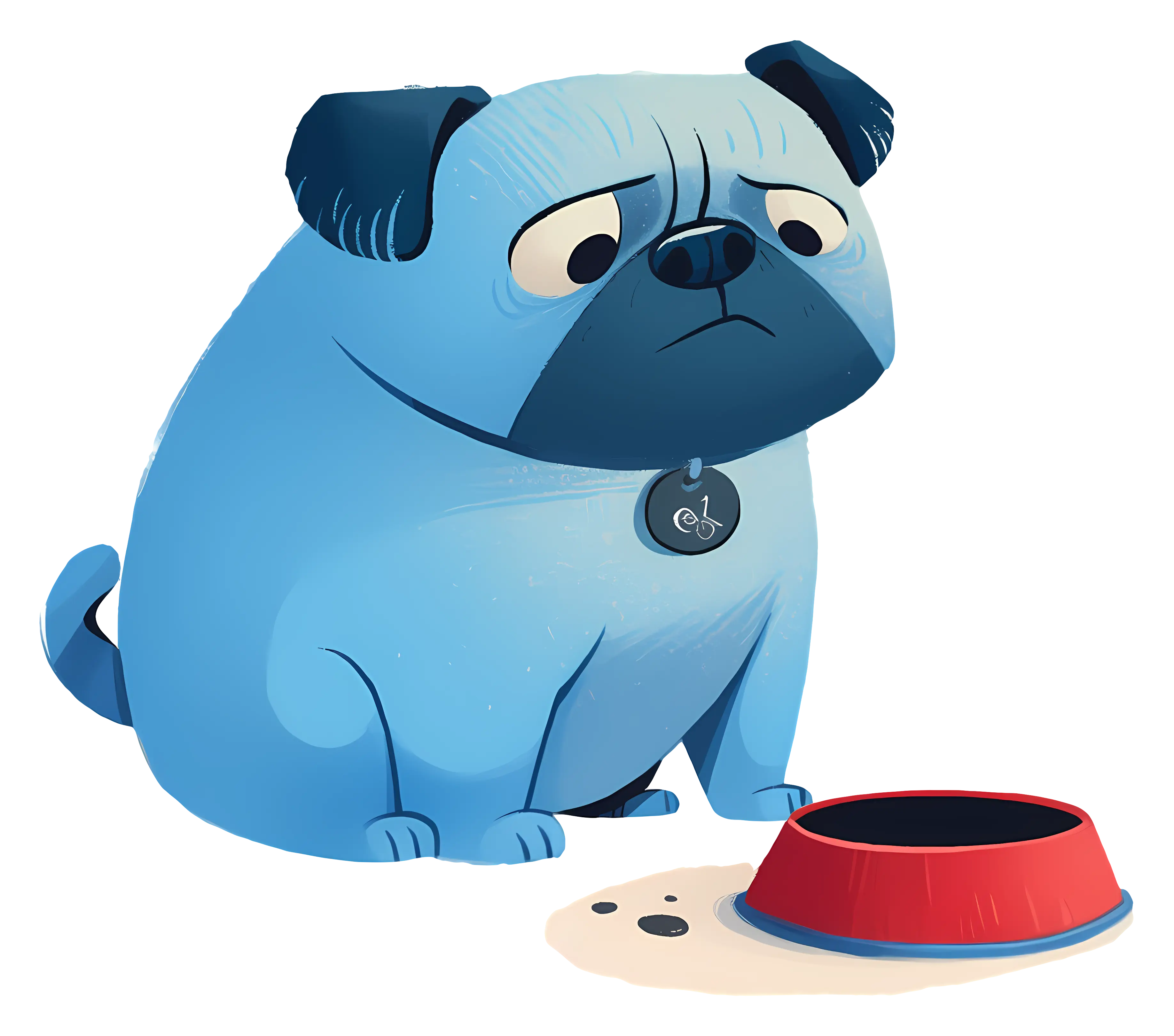 Sad Blue Pug with Empty Bowl