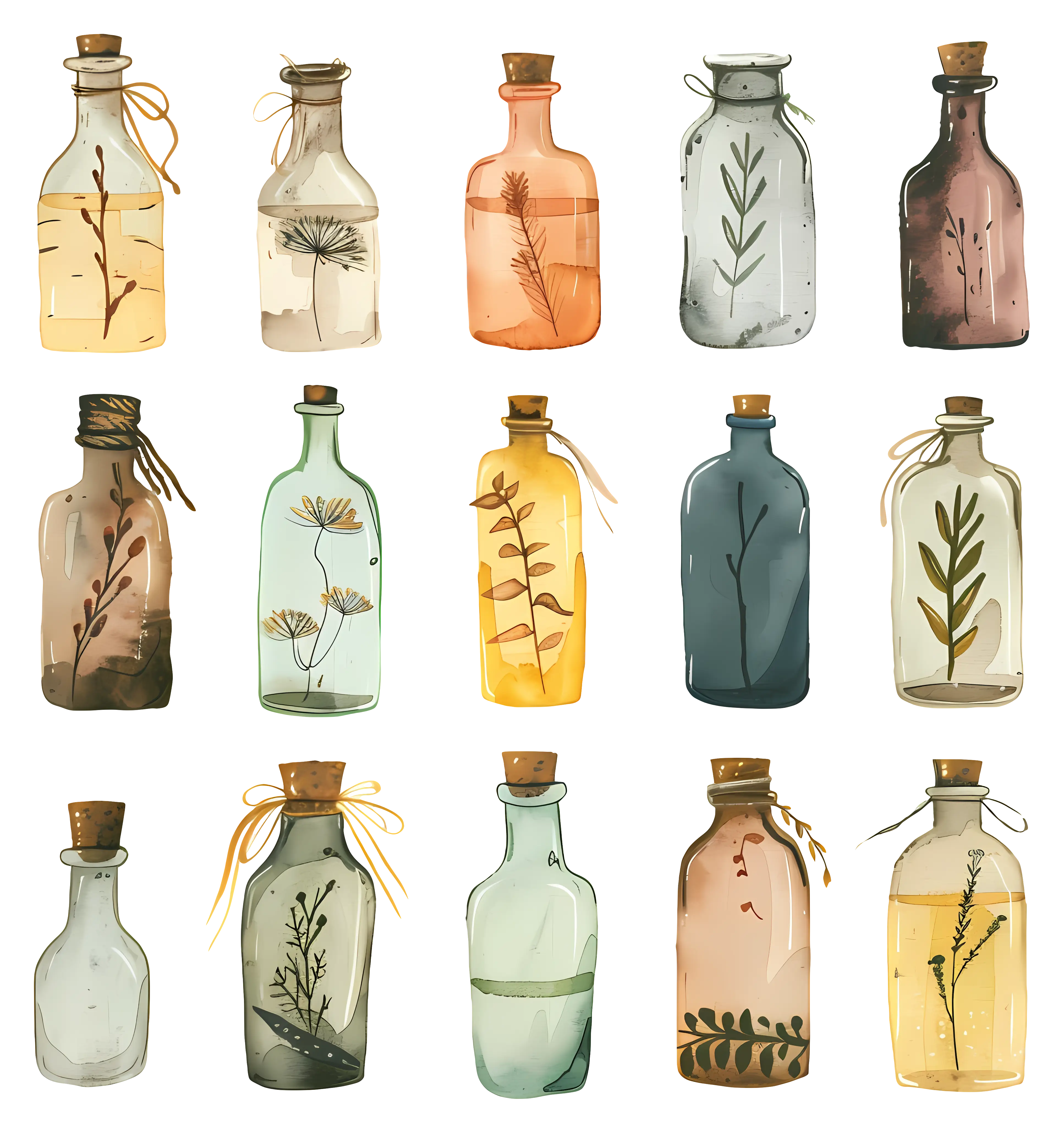 Vintage Glass Bottles with Herbs