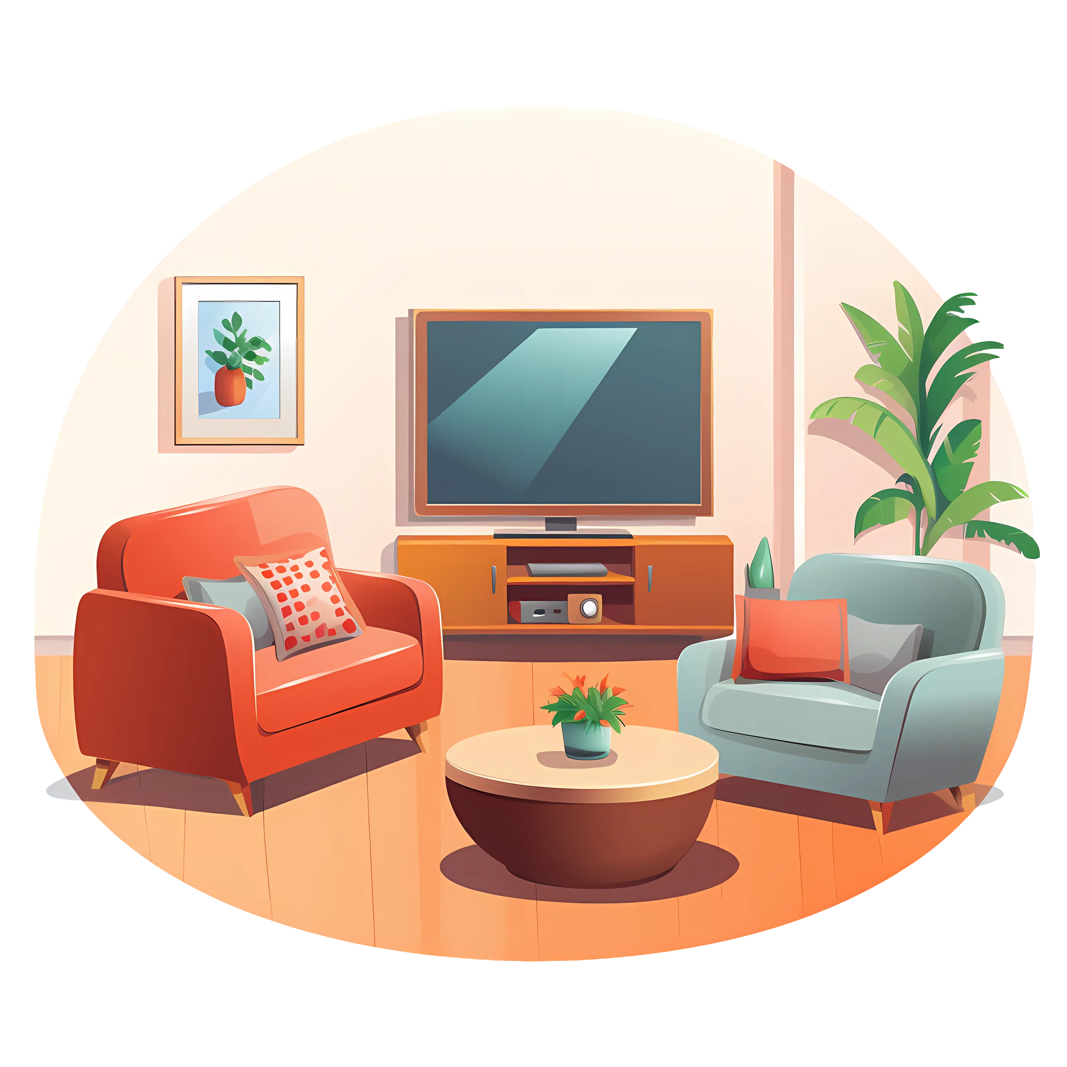 Cozy Living Room Illustration with Plants and TV