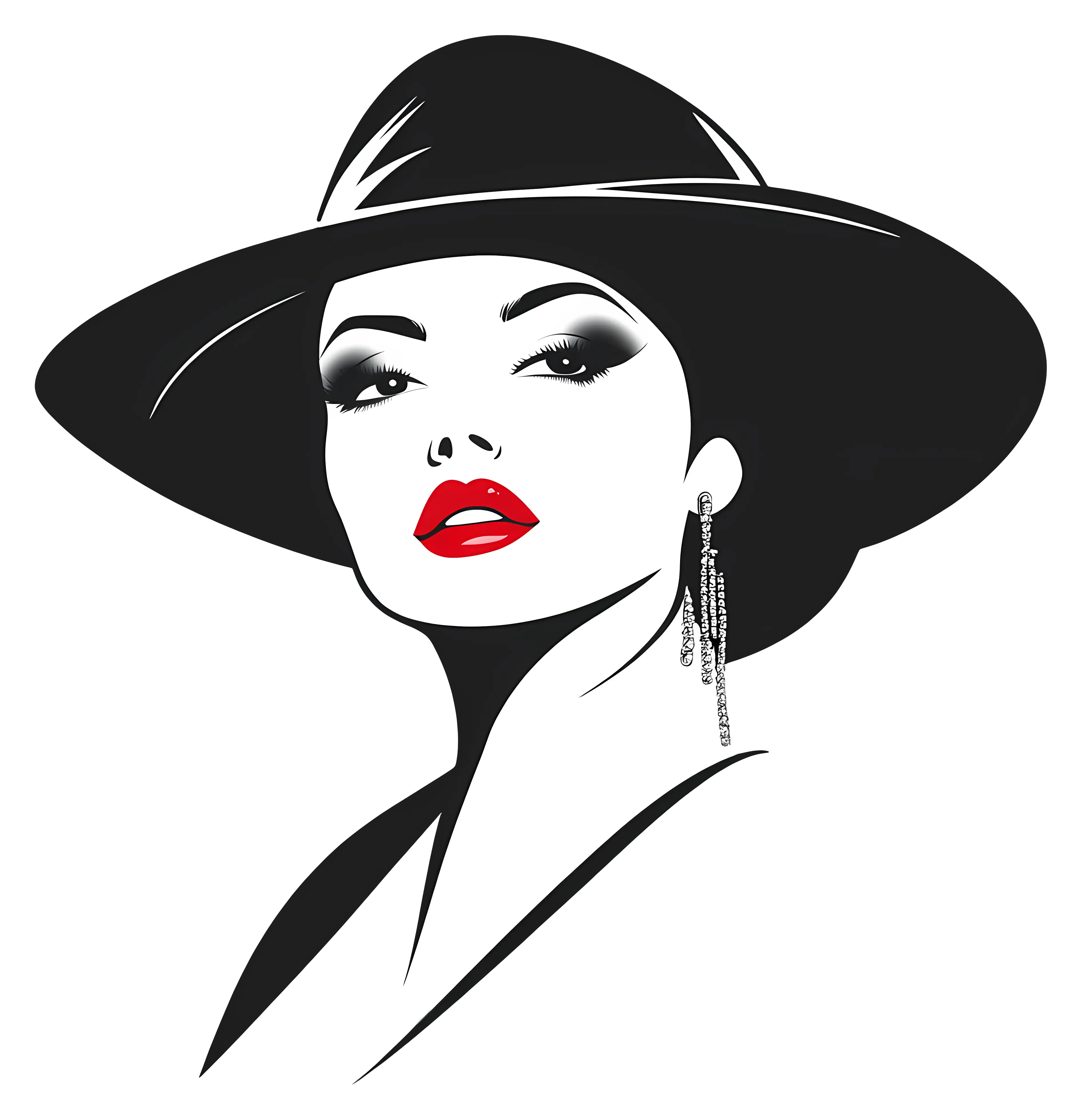 Elegant Woman in Hat Black and White Illustration