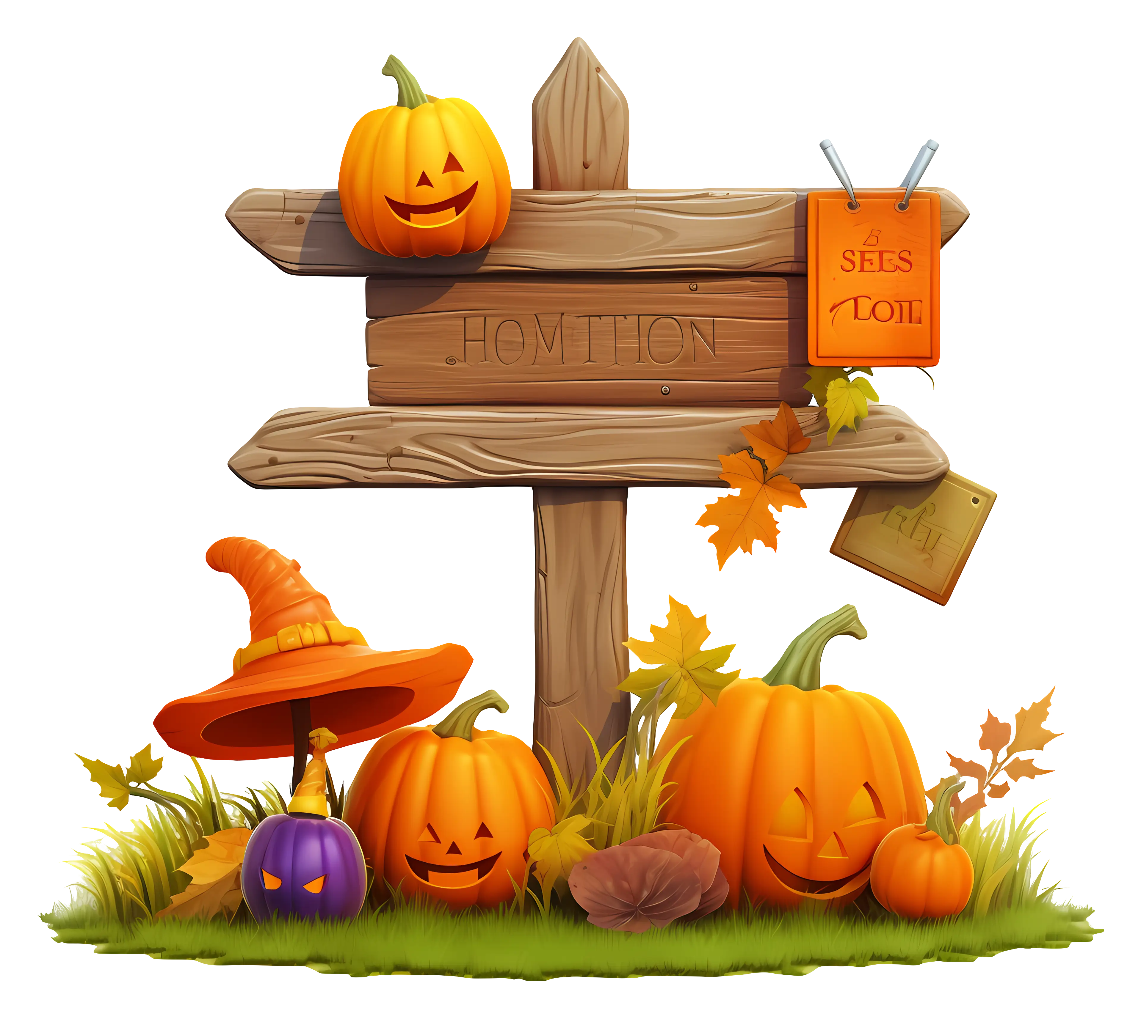 Halloween Pumpkins and Wooden Signpost