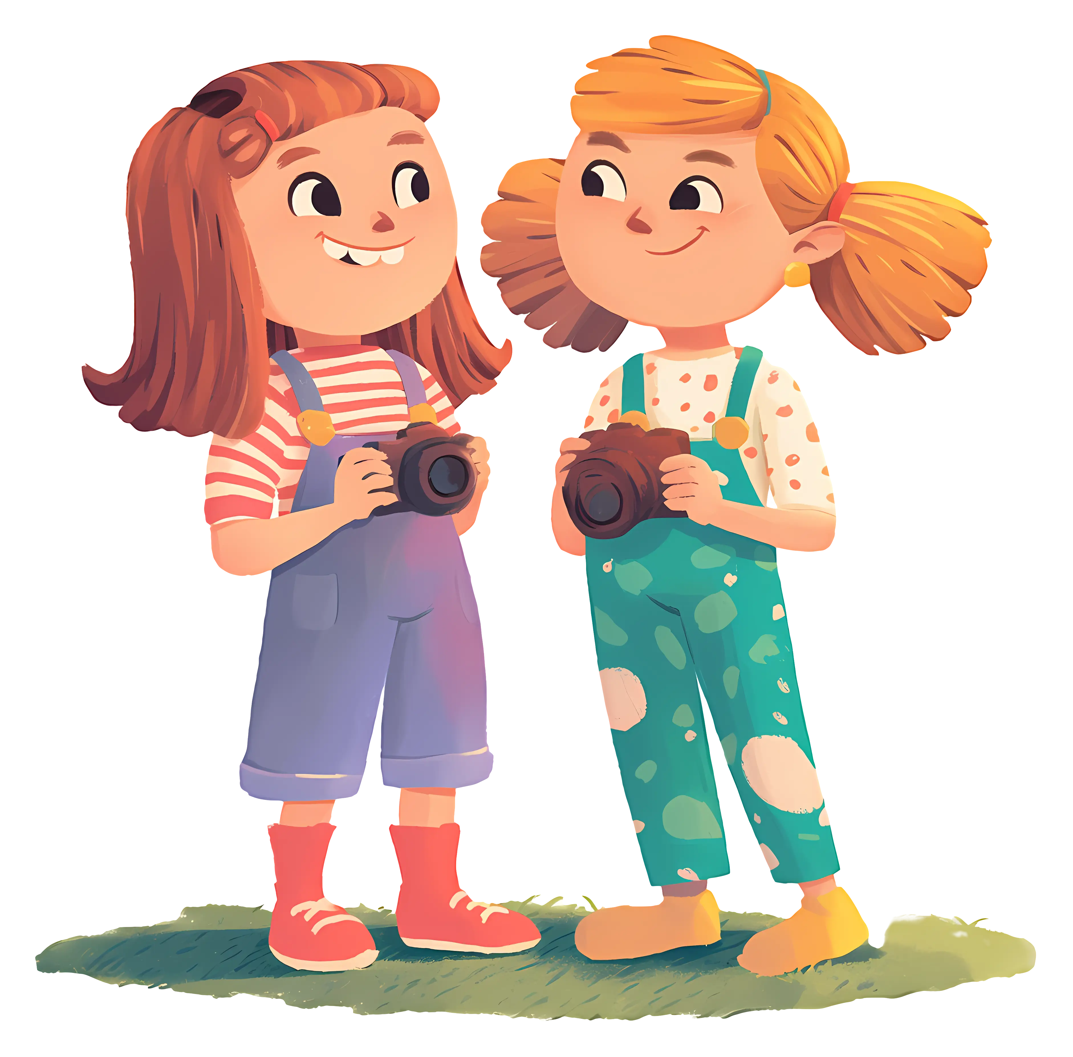 Two Girls Holding Cameras in a Cartoon Style