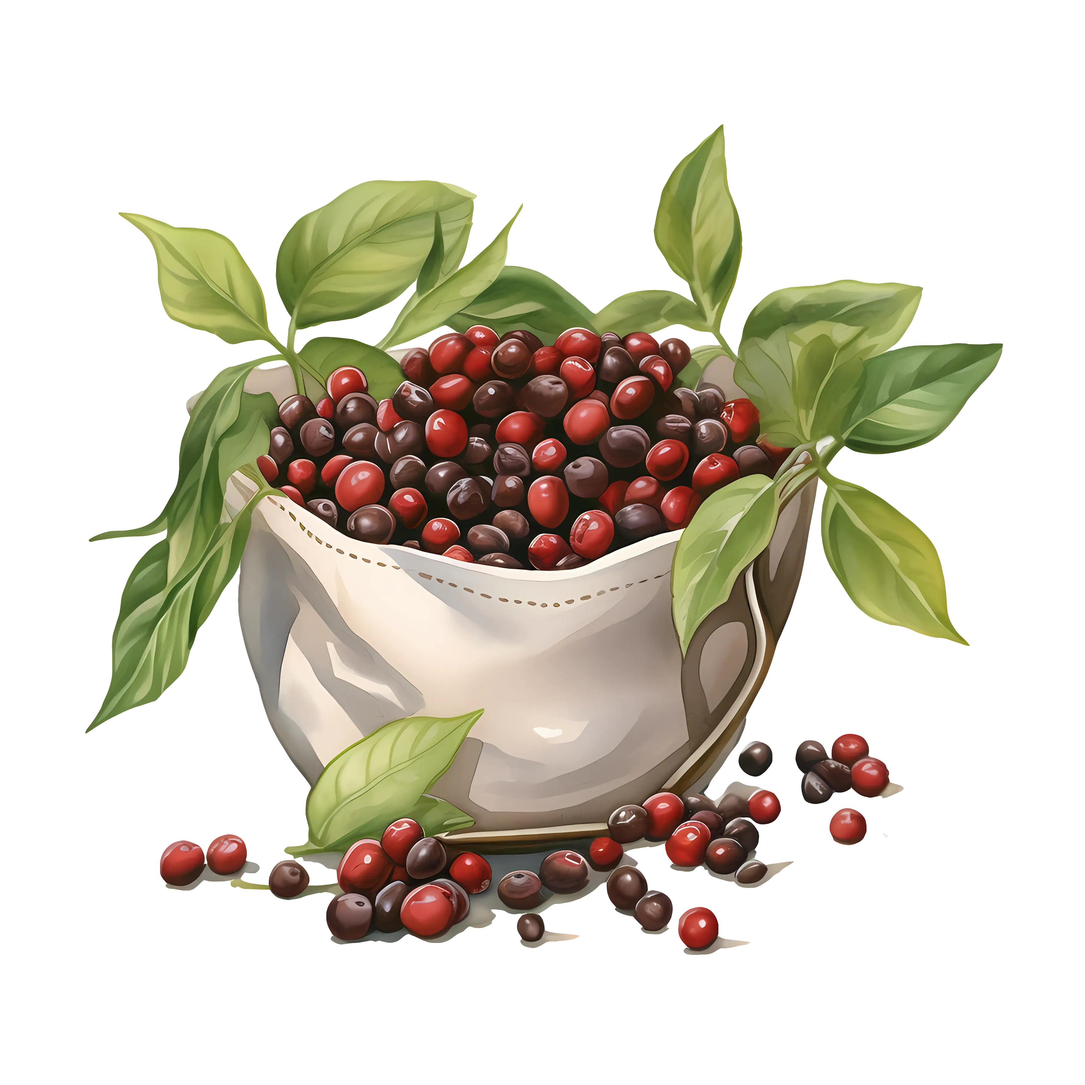 Coffee Cherries in a Bag with Leaves