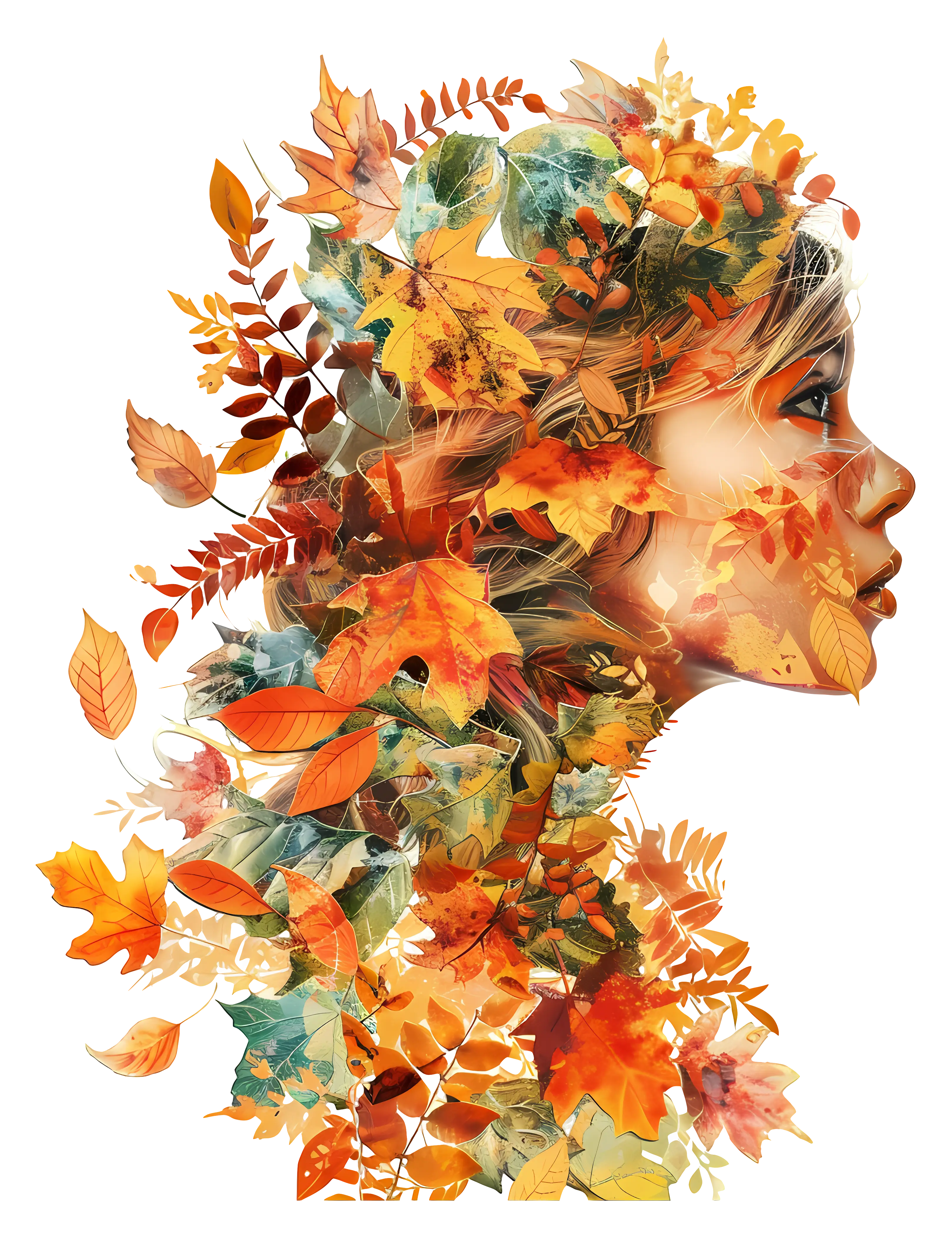 Autumn Woman&#039;s Profile with Leaves