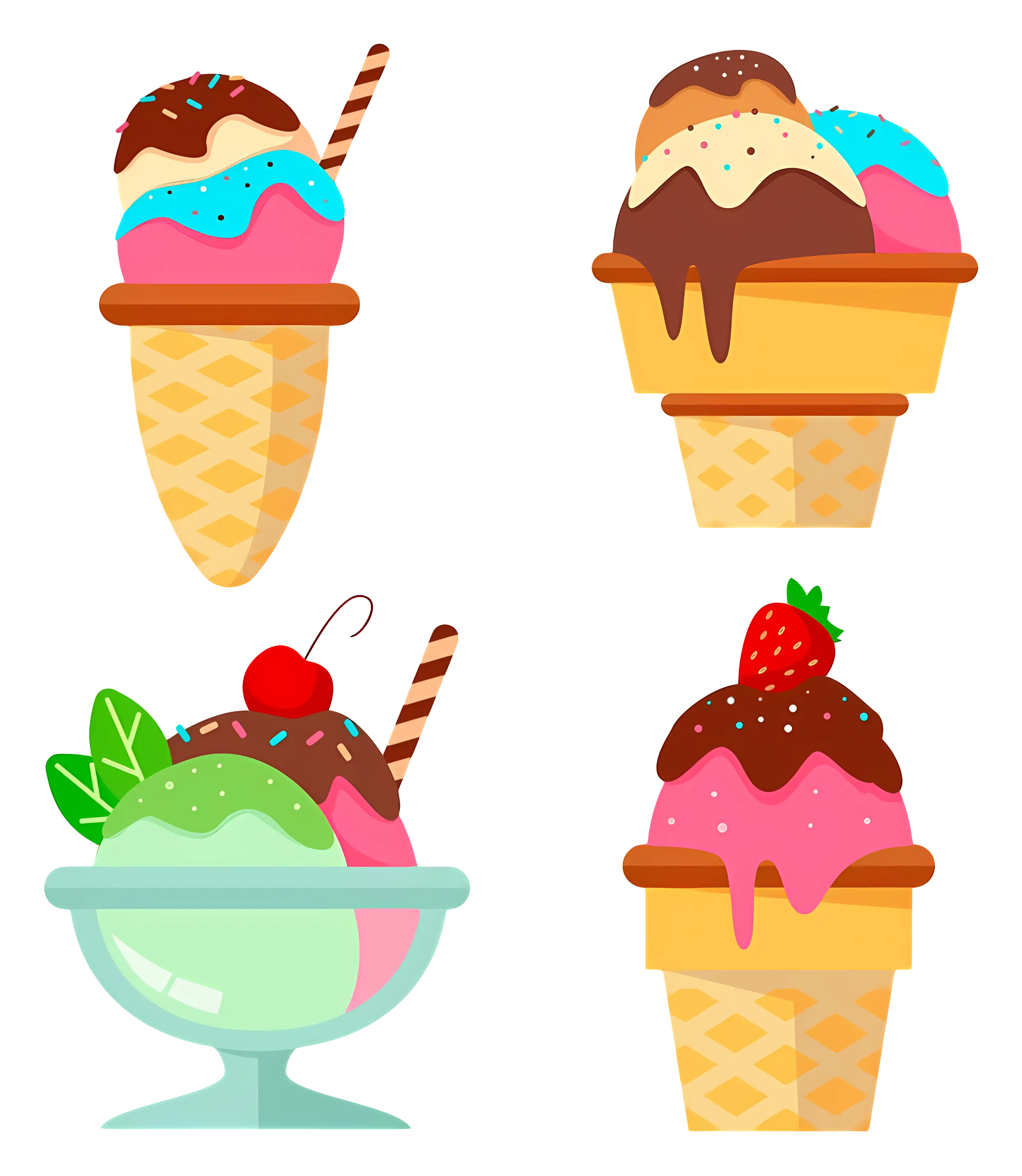 Colorful Ice Cream Cones and Sundae