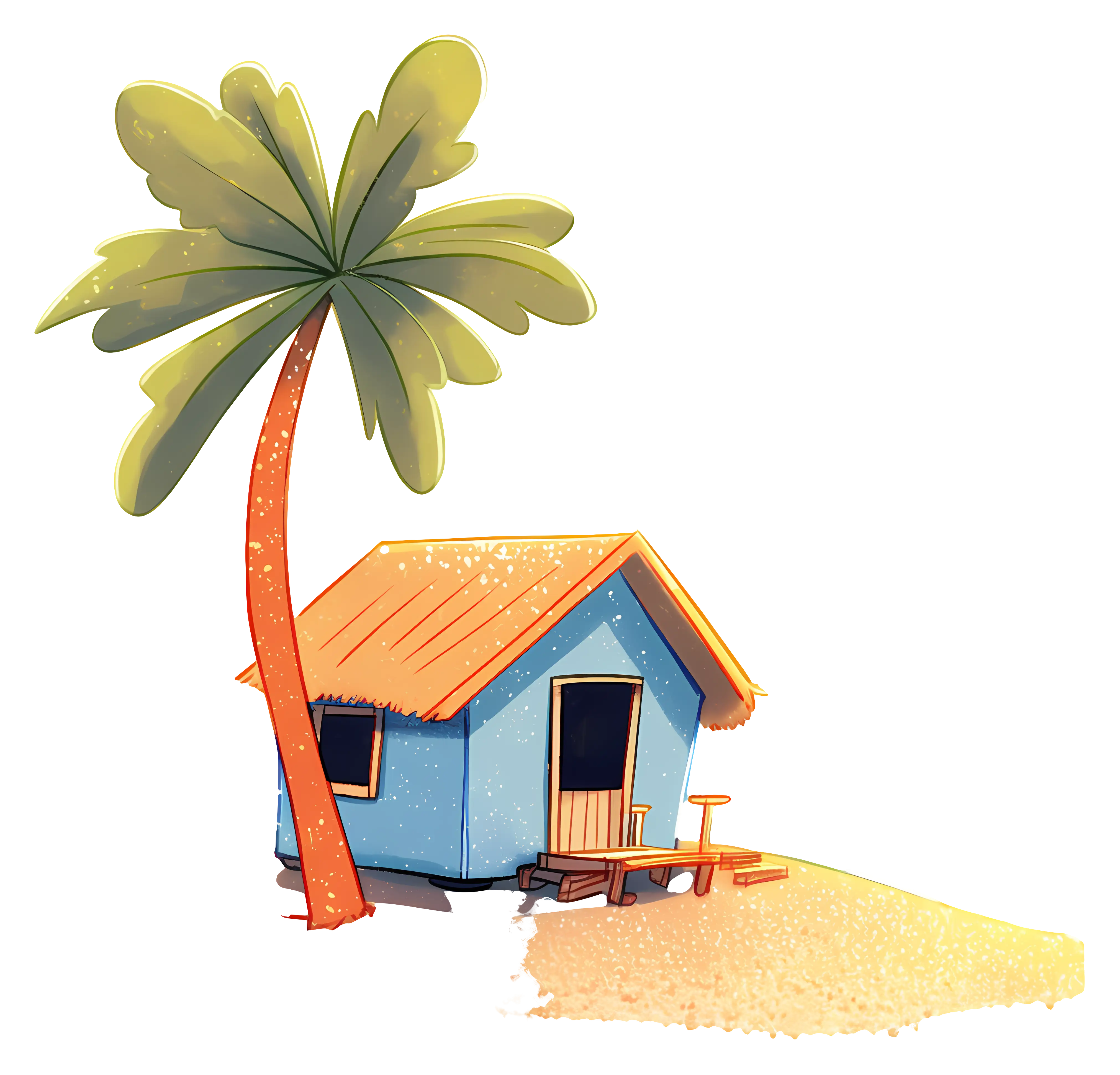 Tropical Blue Beach Hut with Palm Tree
