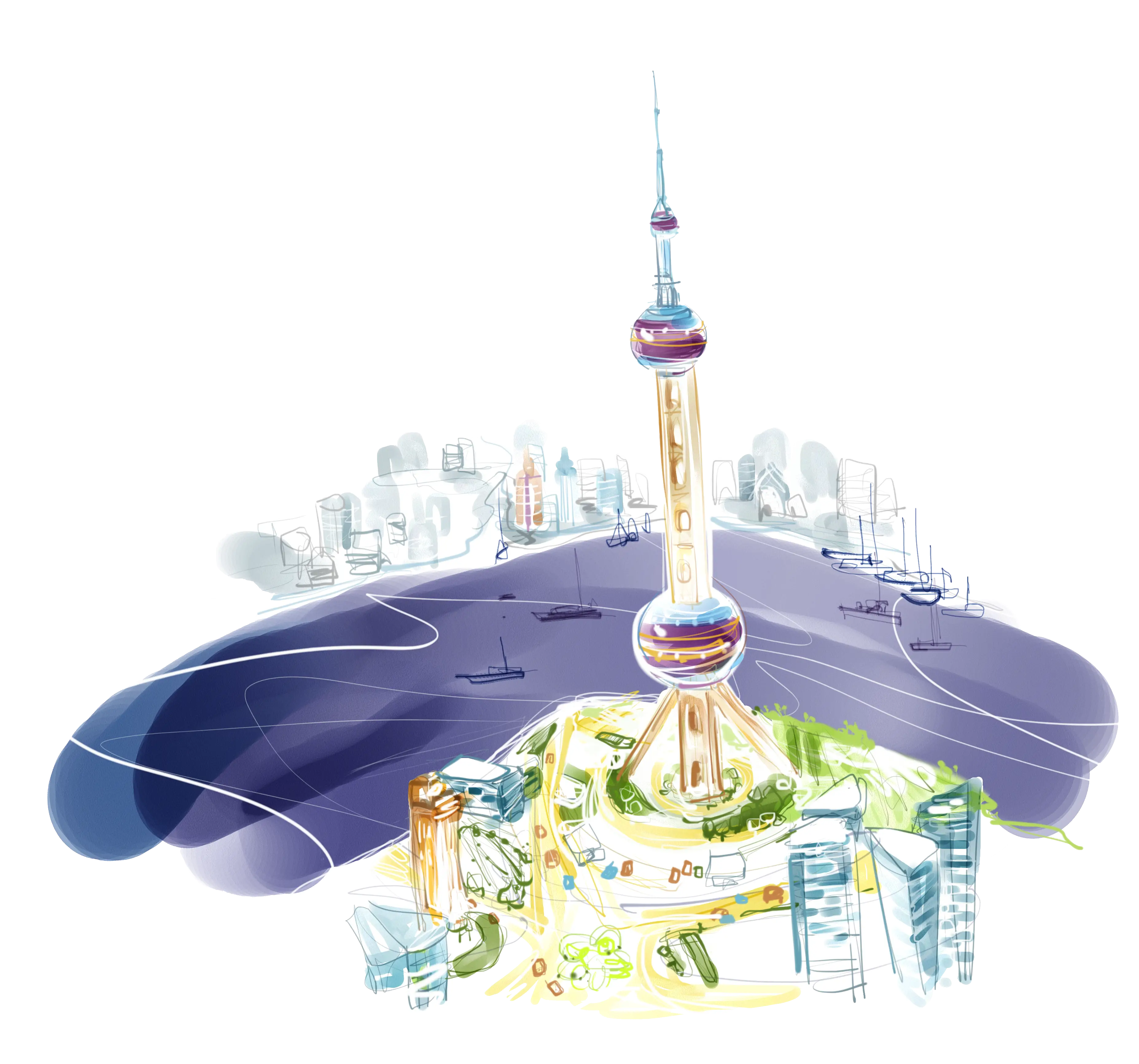 Cityscape with Prominent Tower and River