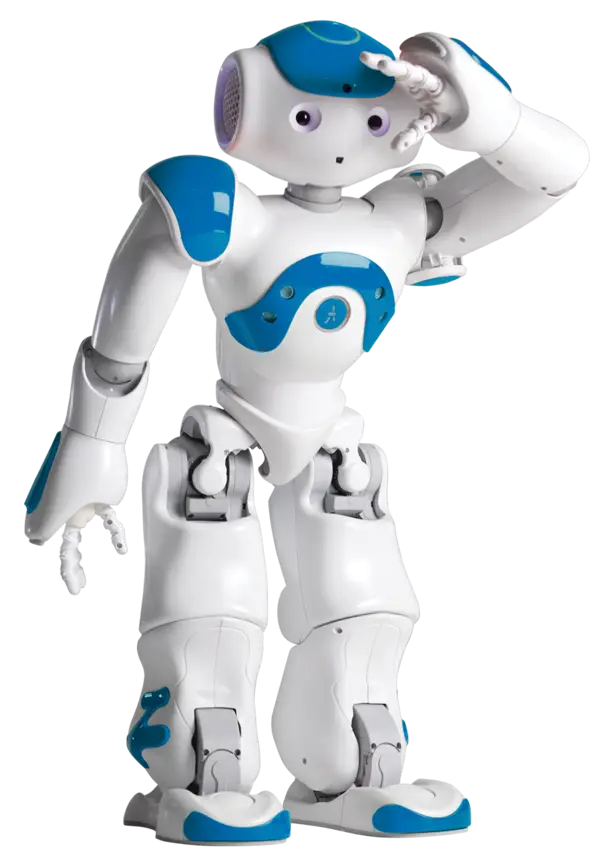 Blue and White Humanoid Robot with Gesture Pose