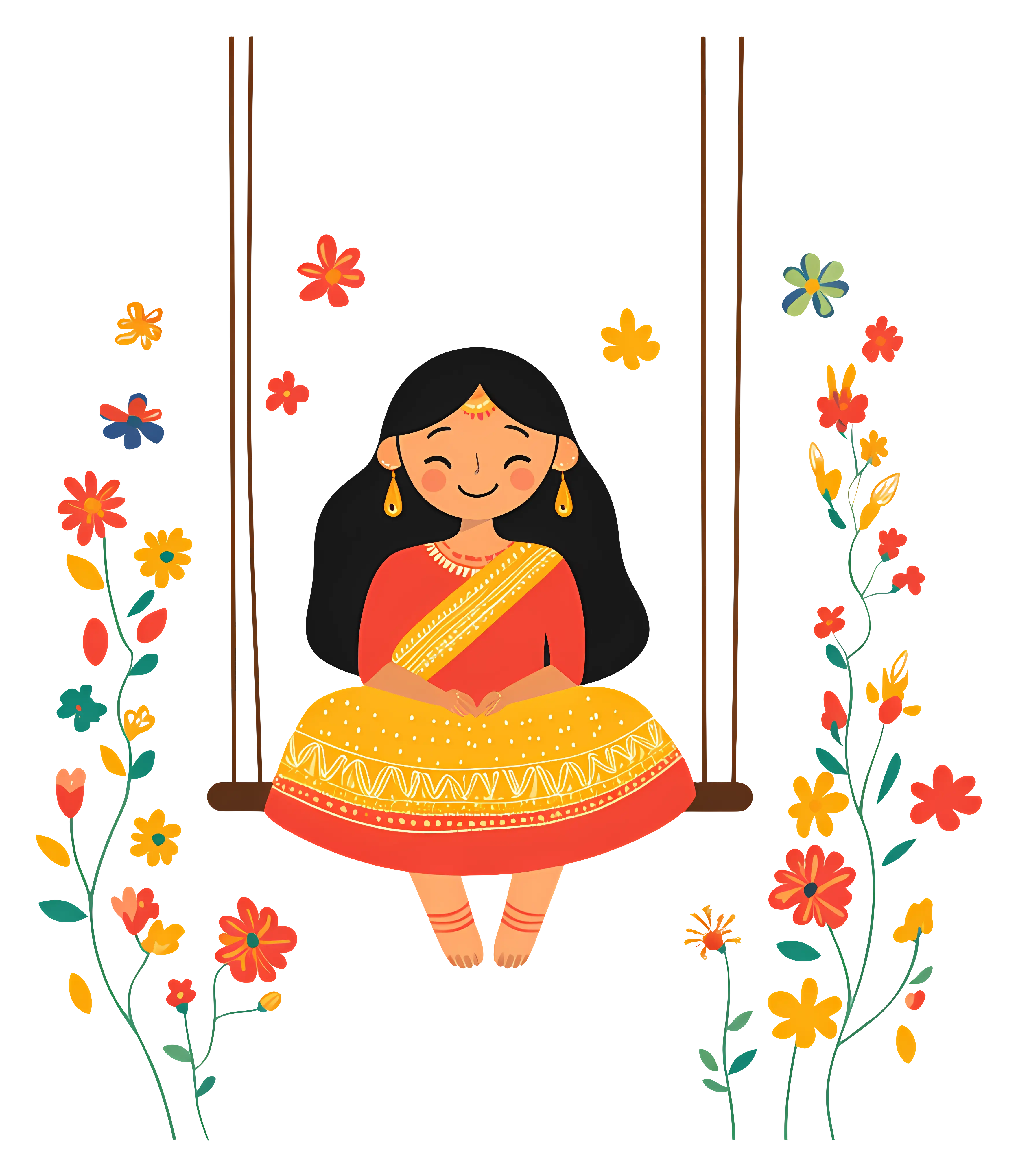 Happy Girl on Swing with Flowers
