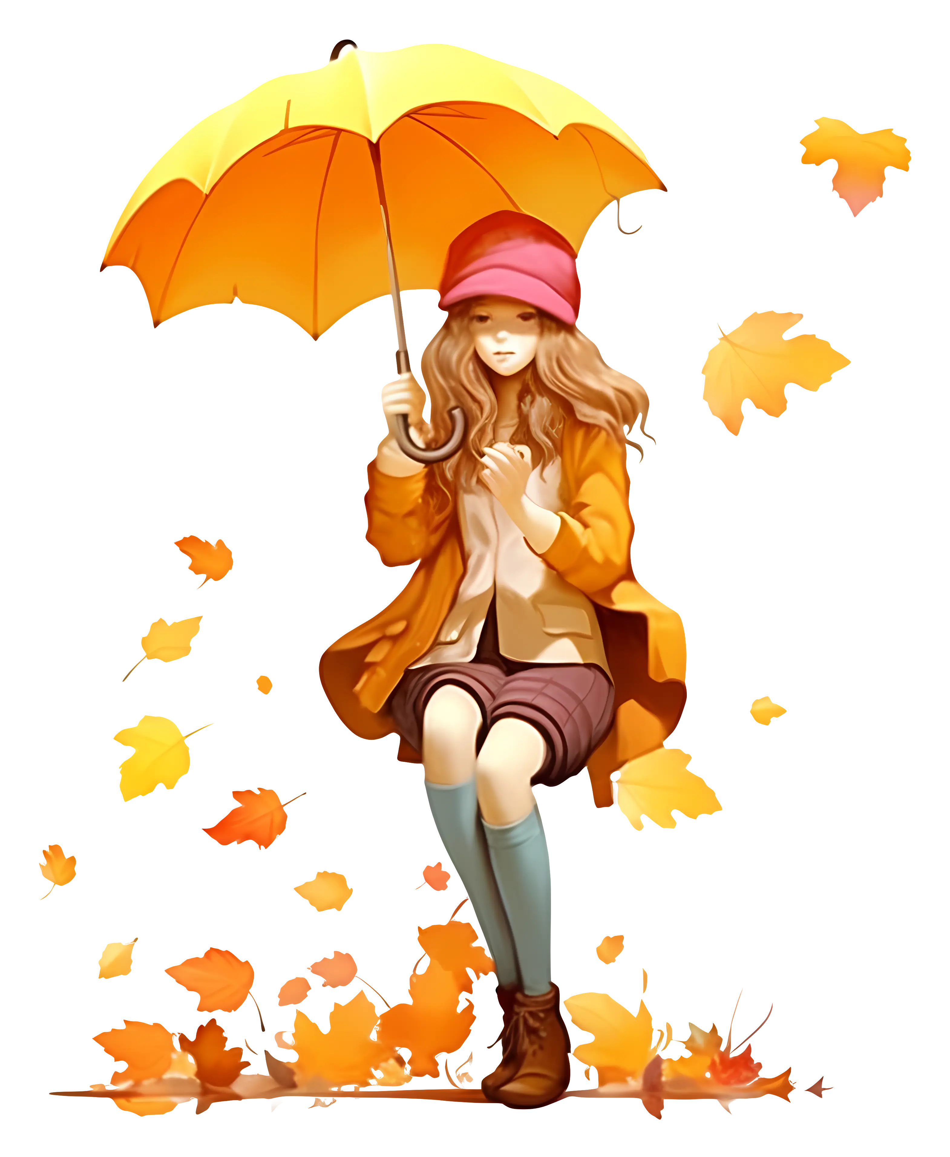 Cartoon Girl with Umbrella in Autumn Scene
