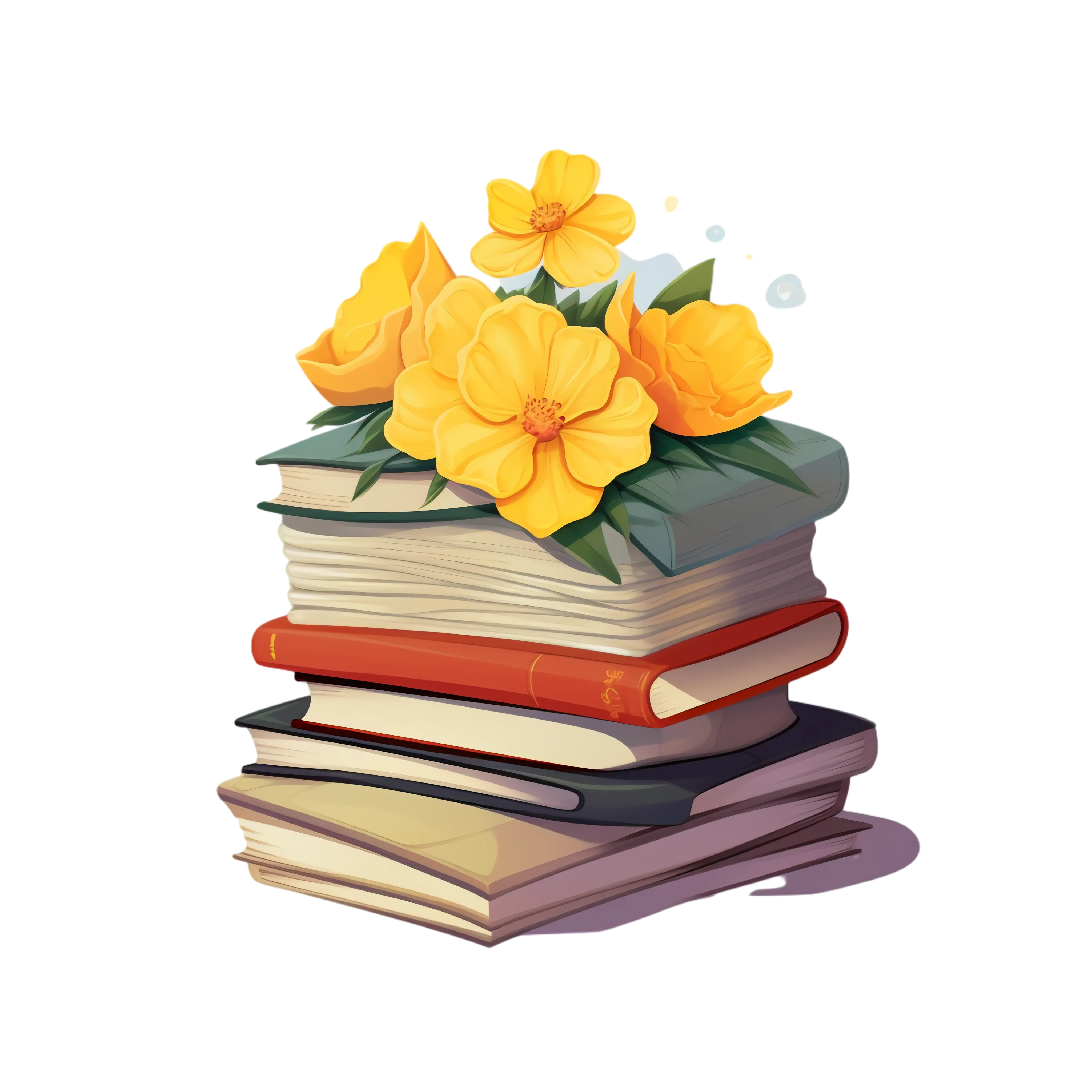 Stack of Books with Yellow Flowers Illustration