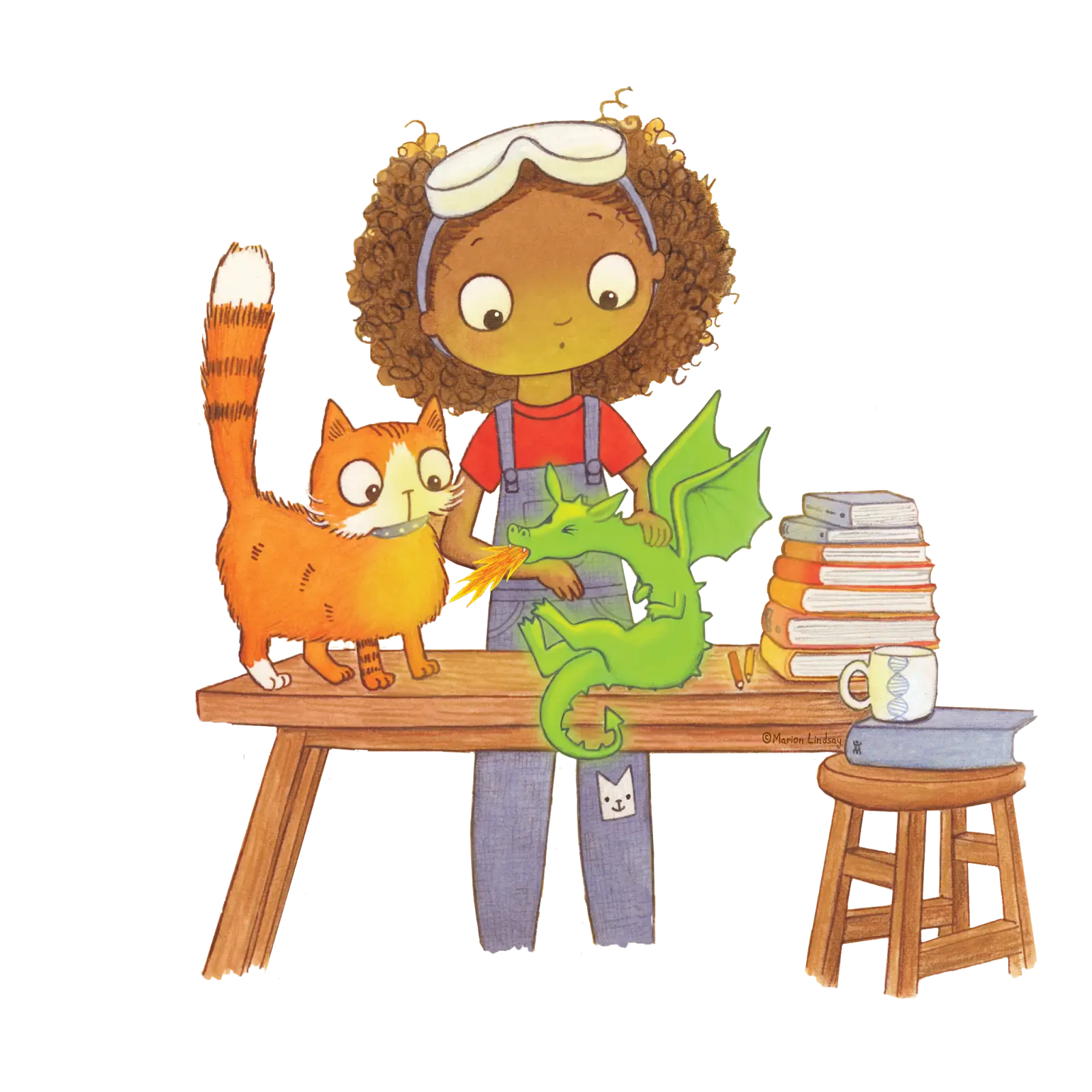 Girl with Cat and Dragon Illustration