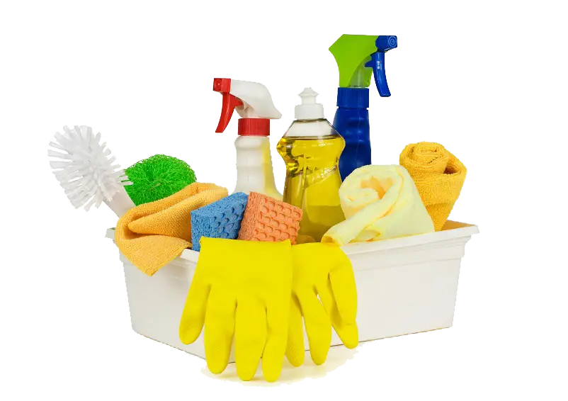 Household Cleaning Supplies in White Basket