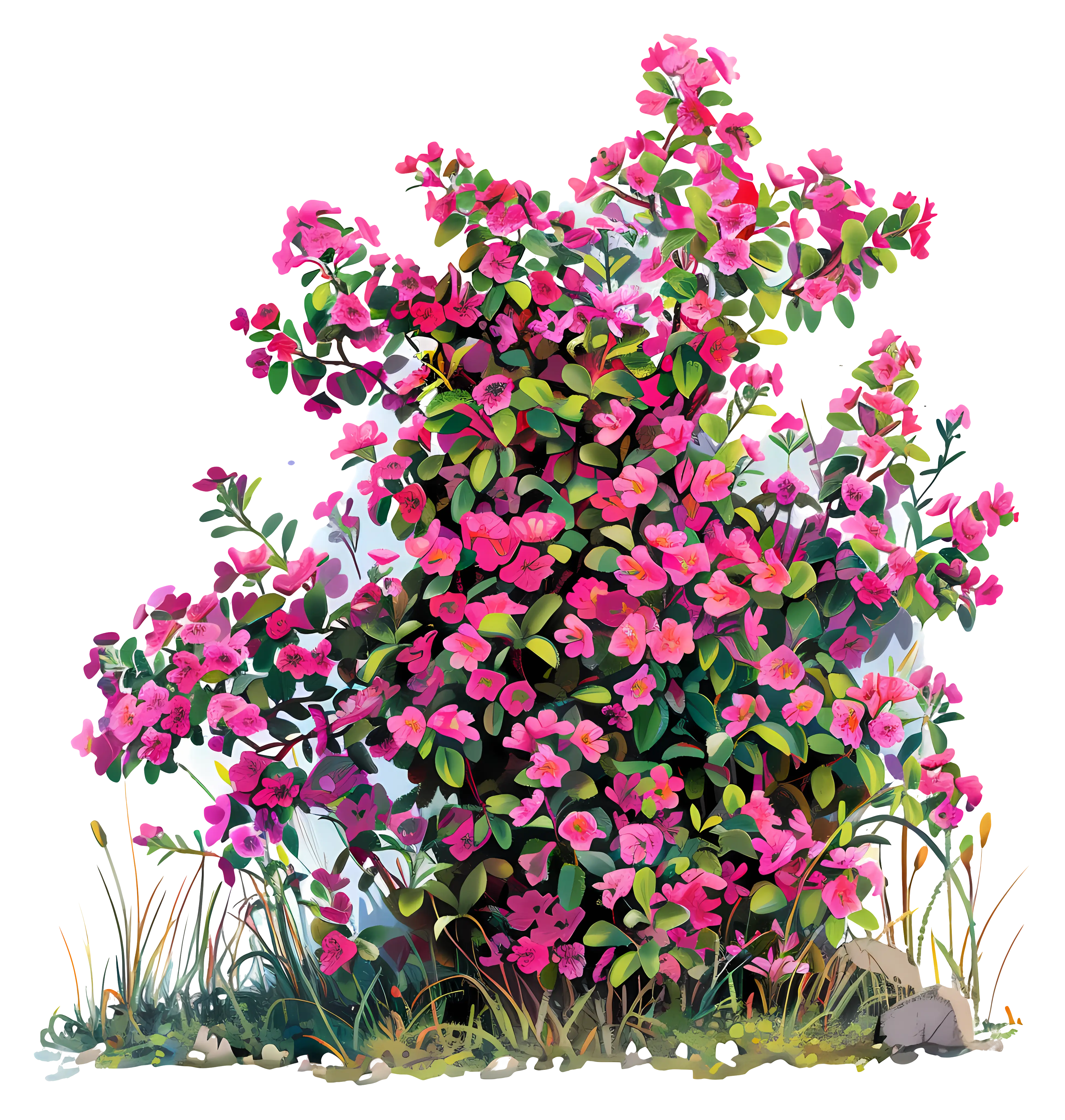 Pink Flower Bush with Green Leaves