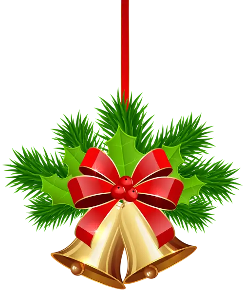 Gold Christmas Bells with Holly and Red Ribbon