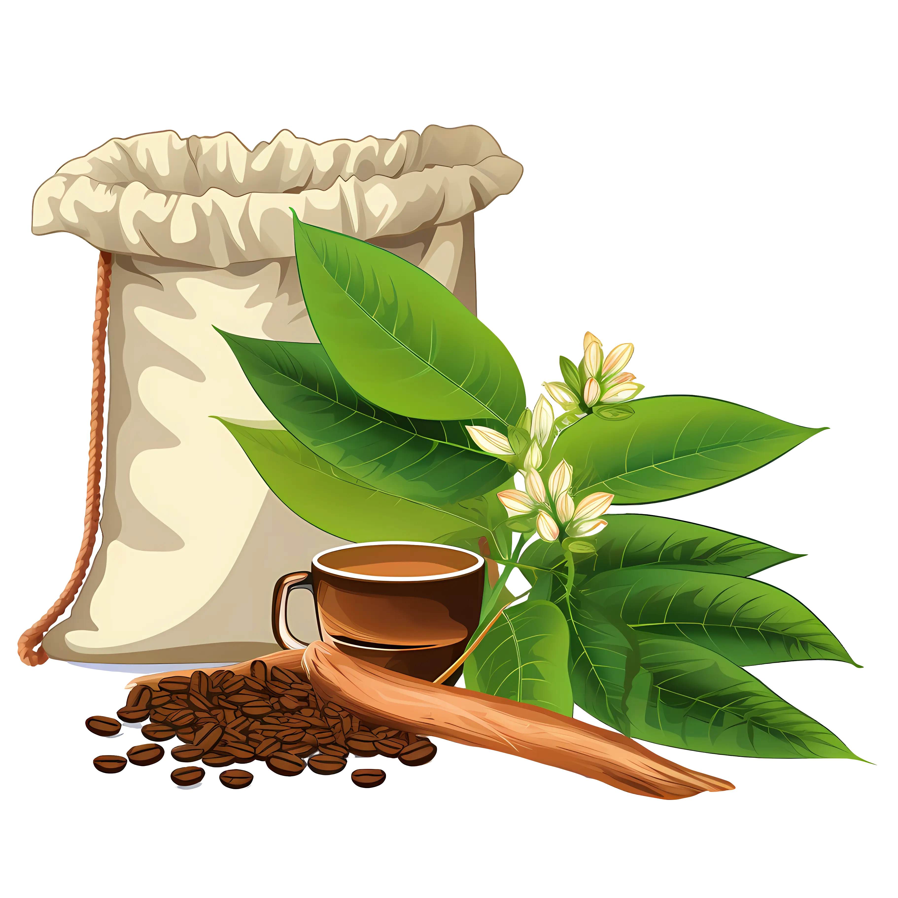 Illustration of Coffee Beans and Cup with Coffee Plant