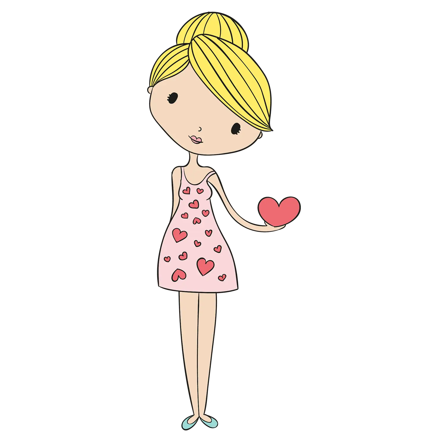 Cute Girl Holding Heart in Cartoon Style
