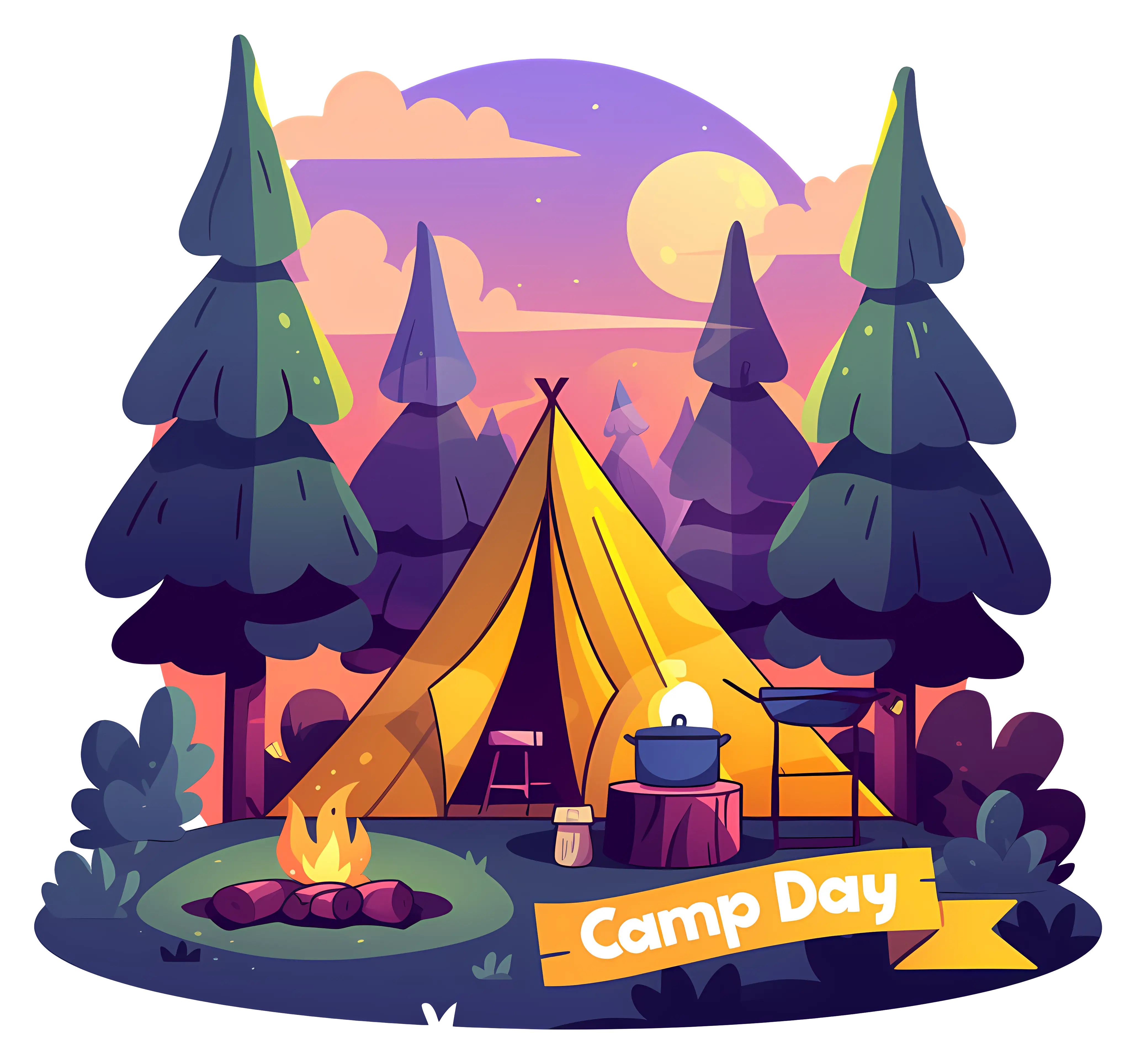 Yellow Camping Tent in Forest with Campfire