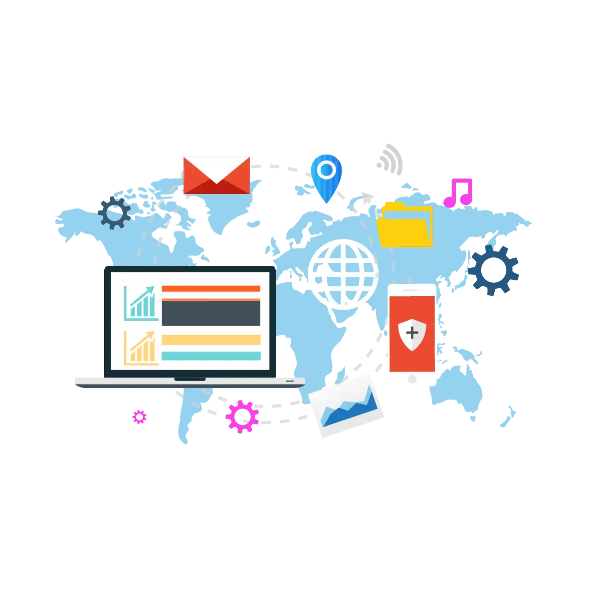 Laptop and Technology Icons on World Map