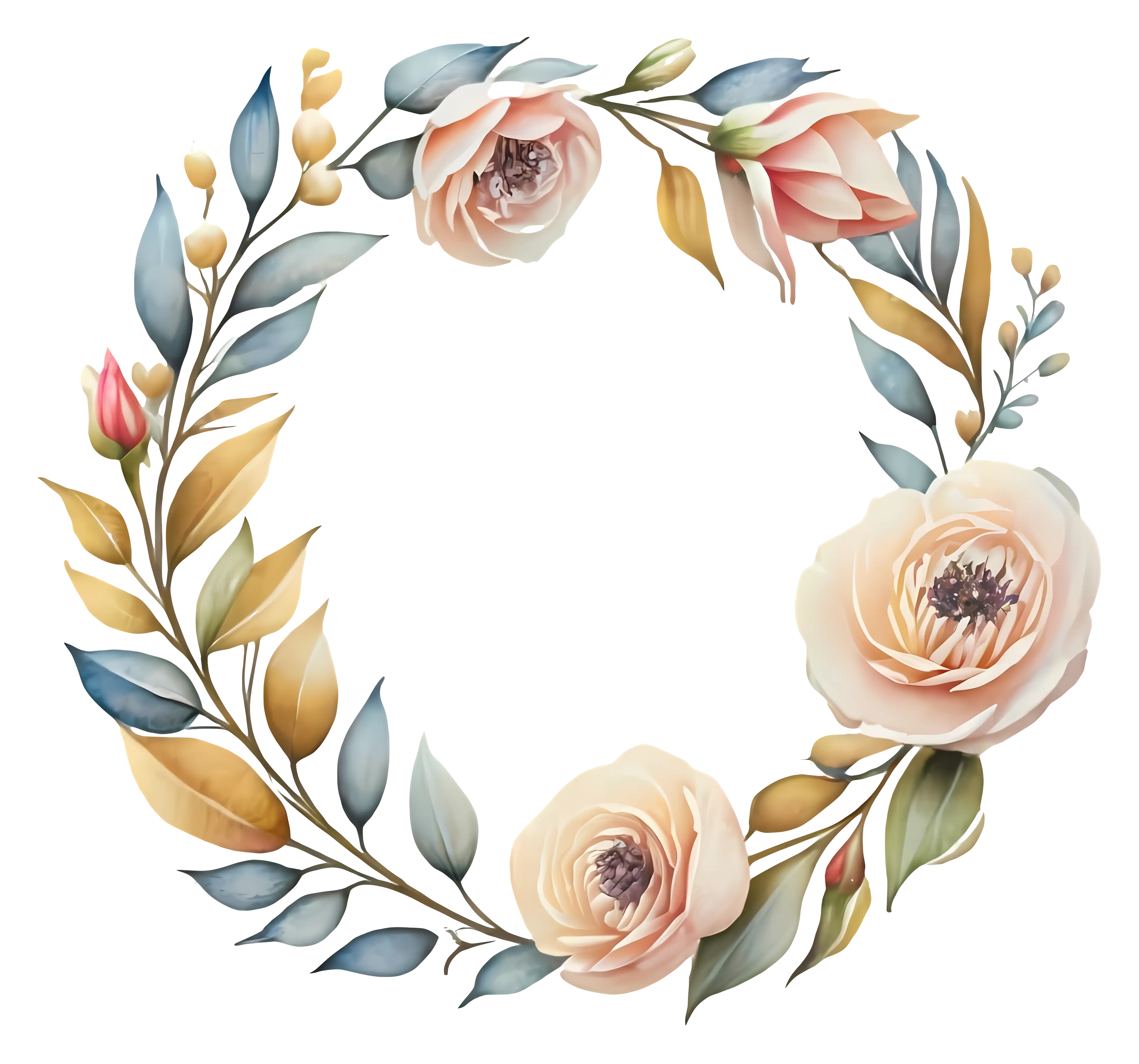 Floral Wreath with Pastel Roses and Leaves