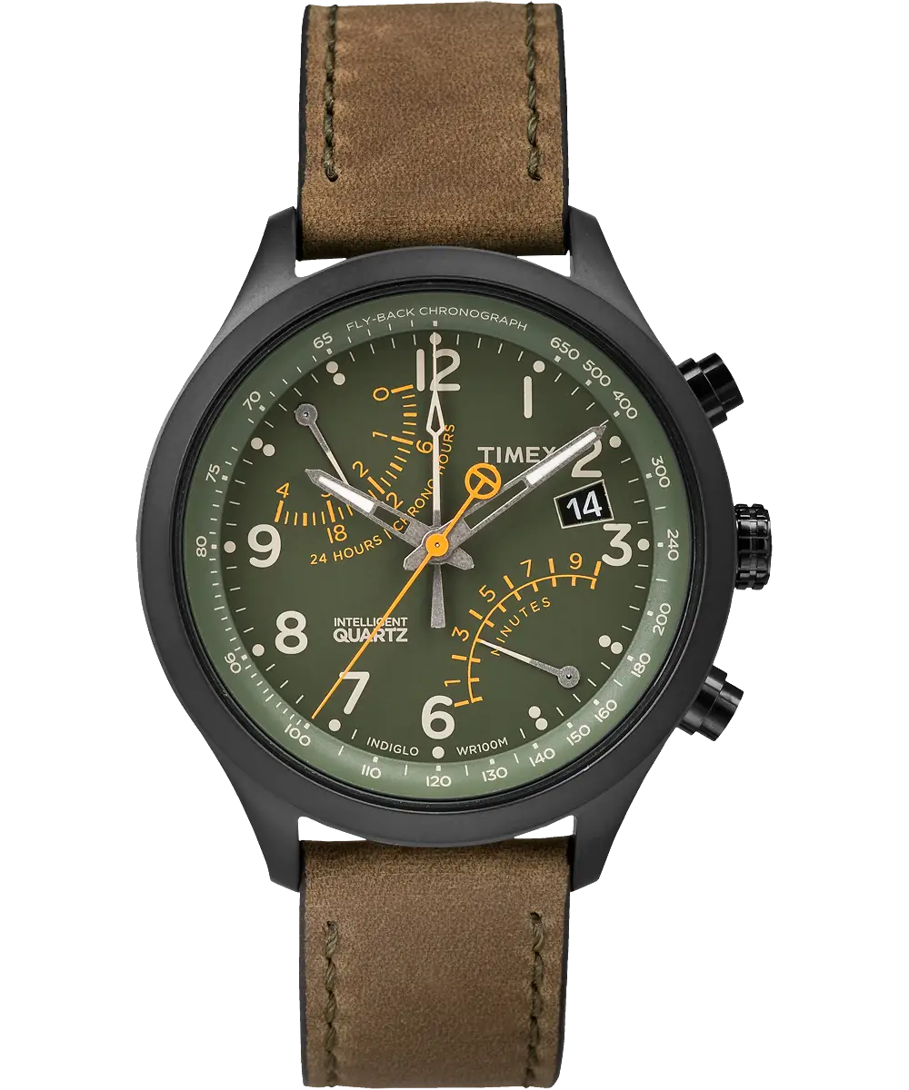 Green Watch with Leather Strap and Chronograph Features