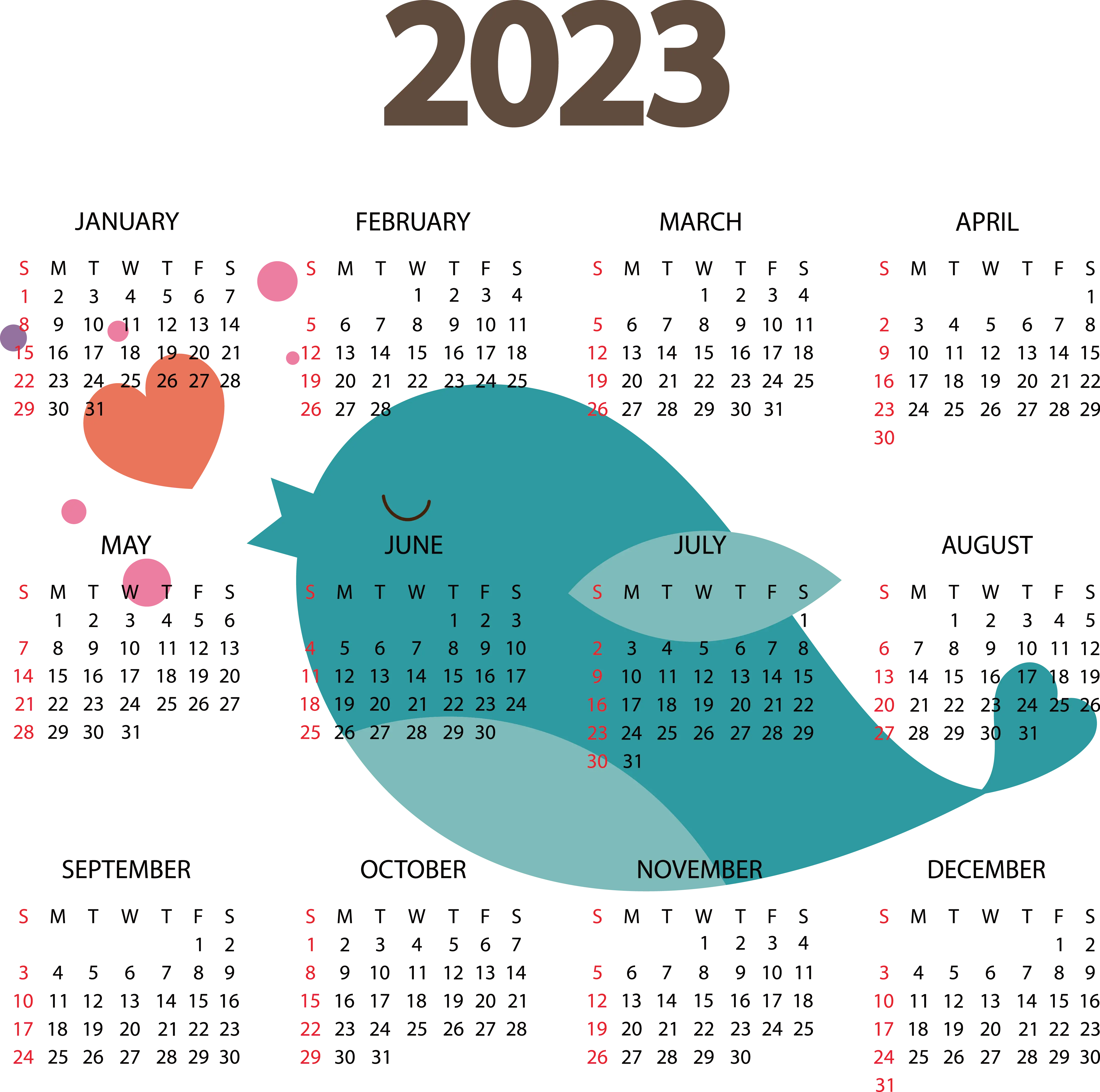 2023 Yearly Calendar with Bird Illustration