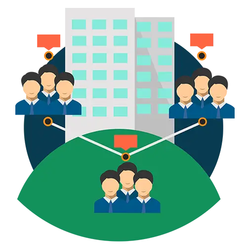 Business Network Illustration with Teams and Buildings
