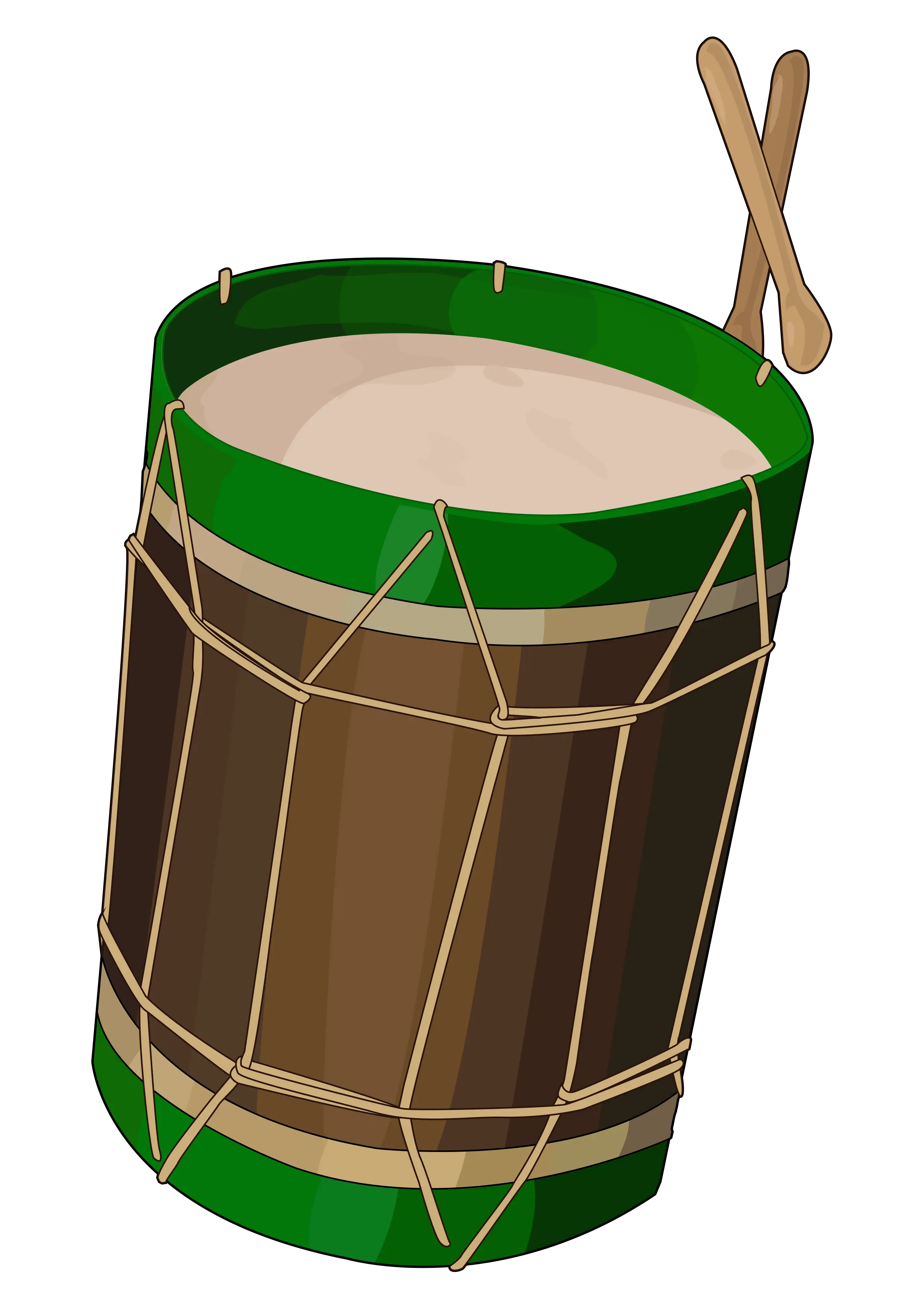 Green and Brown Drum with Drumsticks