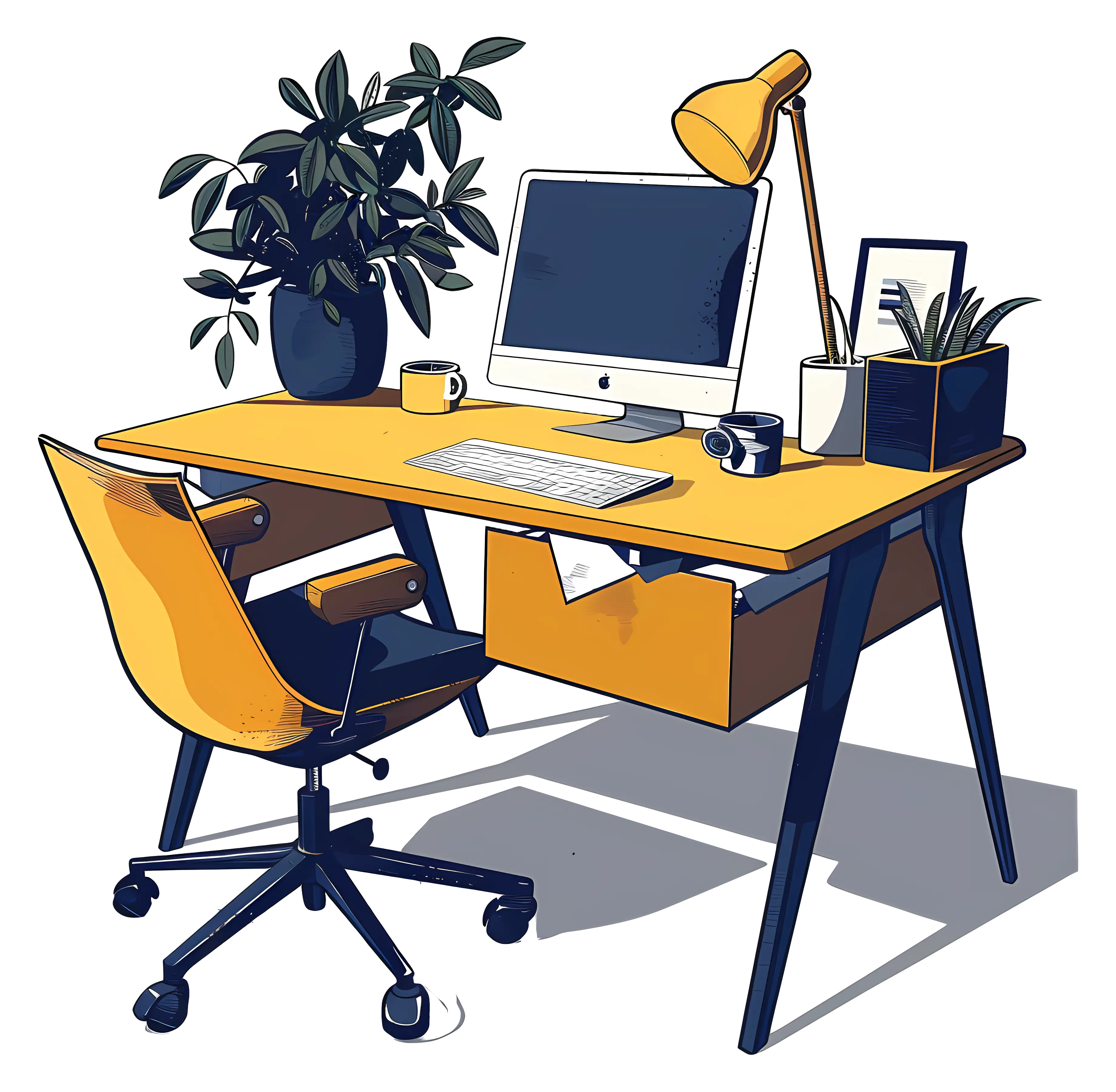 Modern Desk with Computer and Lamp